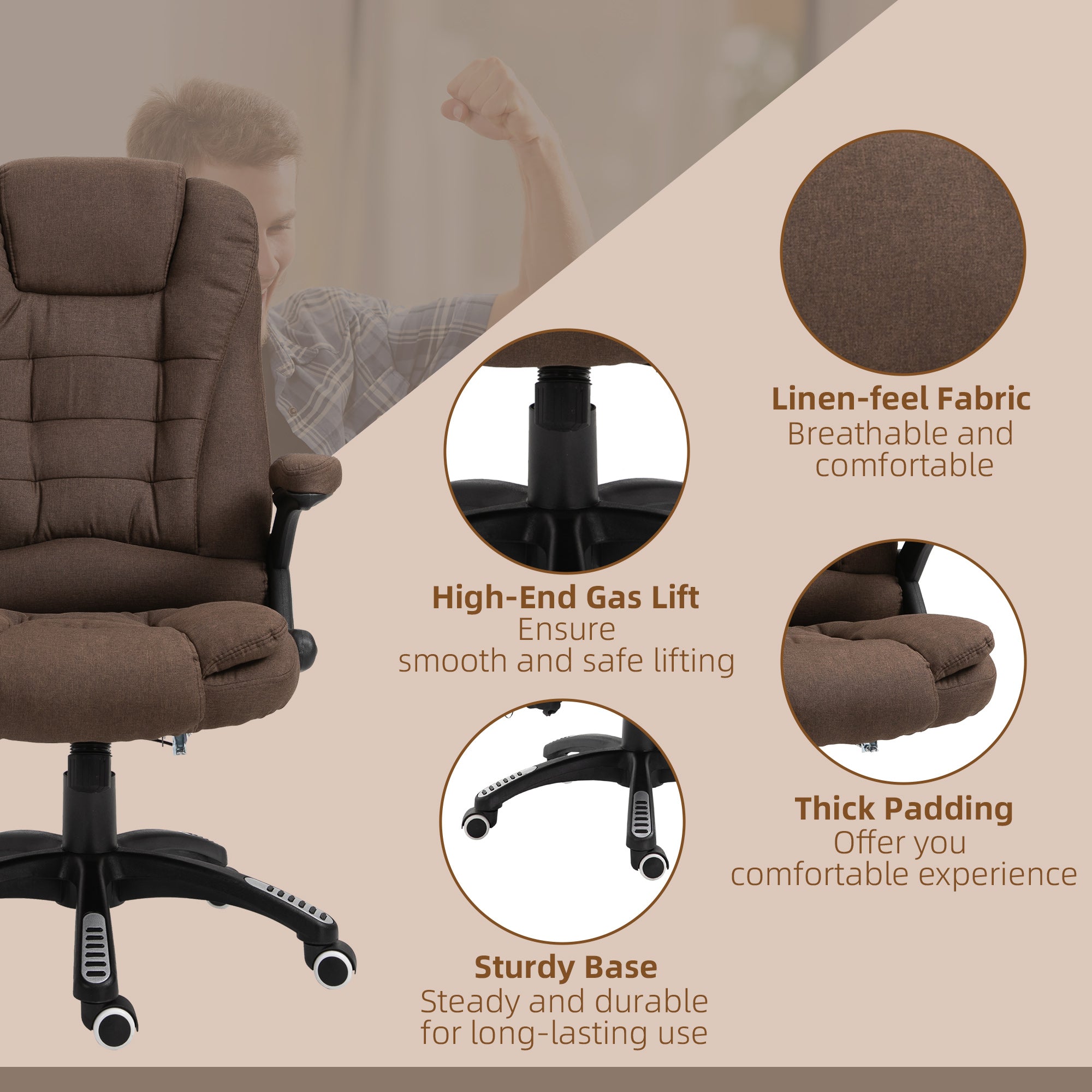 Vinsetto 6 Point Vibrating Massage Home Office Chair High Back Executive Chair with Reclining Back, Swivel Wheels, Brown