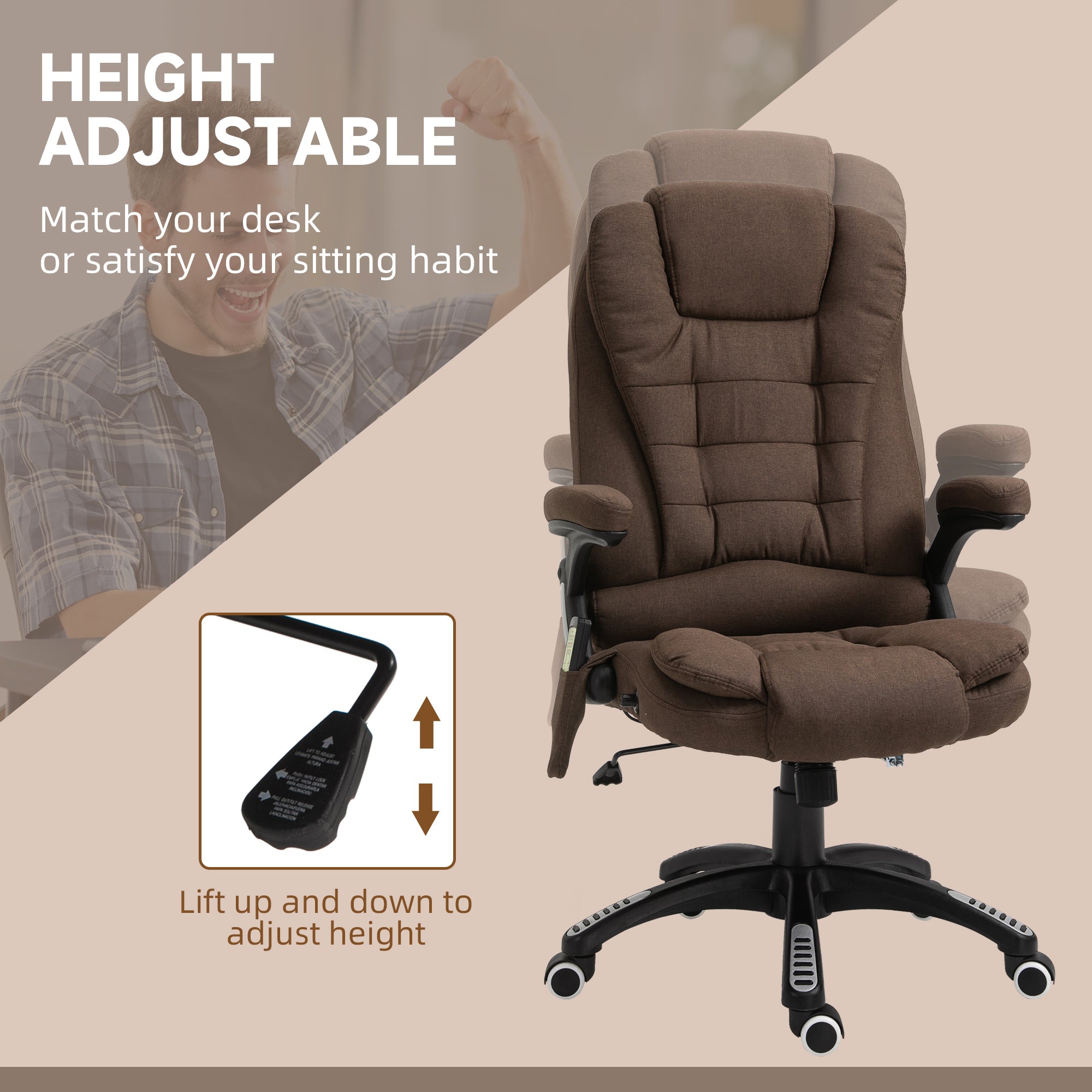 Vinsetto 6 Point Vibrating Massage Home Office Chair High Back Executive Chair with Reclining Back, Swivel Wheels, Brown