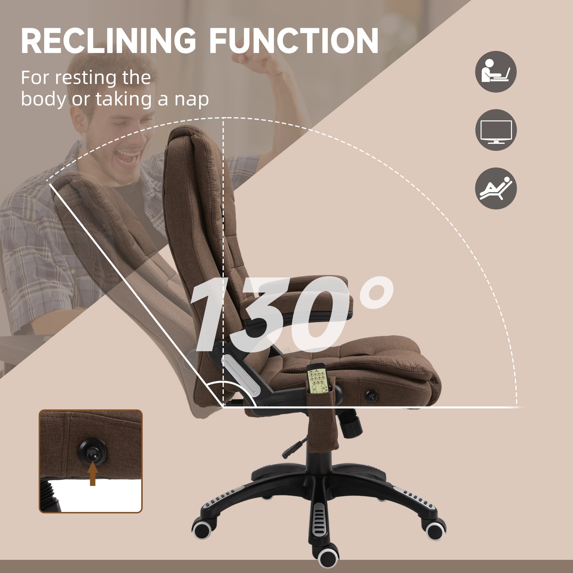 Vinsetto 6 Point Vibrating Massage Home Office Chair High Back Executive Chair with Reclining Back, Swivel Wheels, Brown