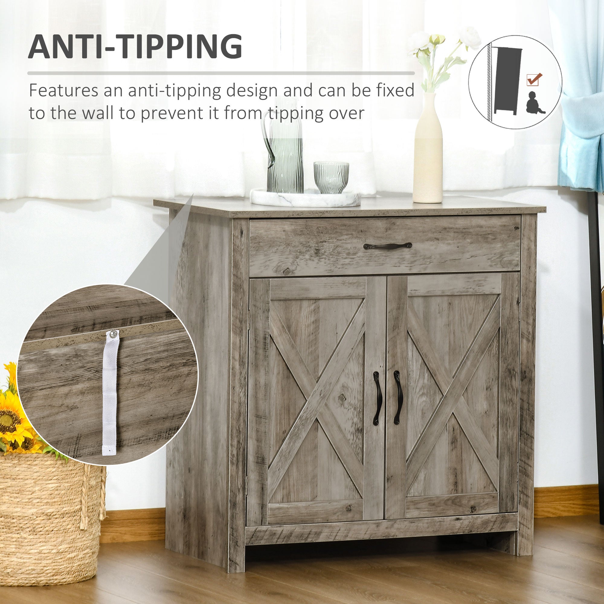 Farmhouse Sideboard Cabinet with Barn Doors, Drawer & Adjustable Shelf, Gray