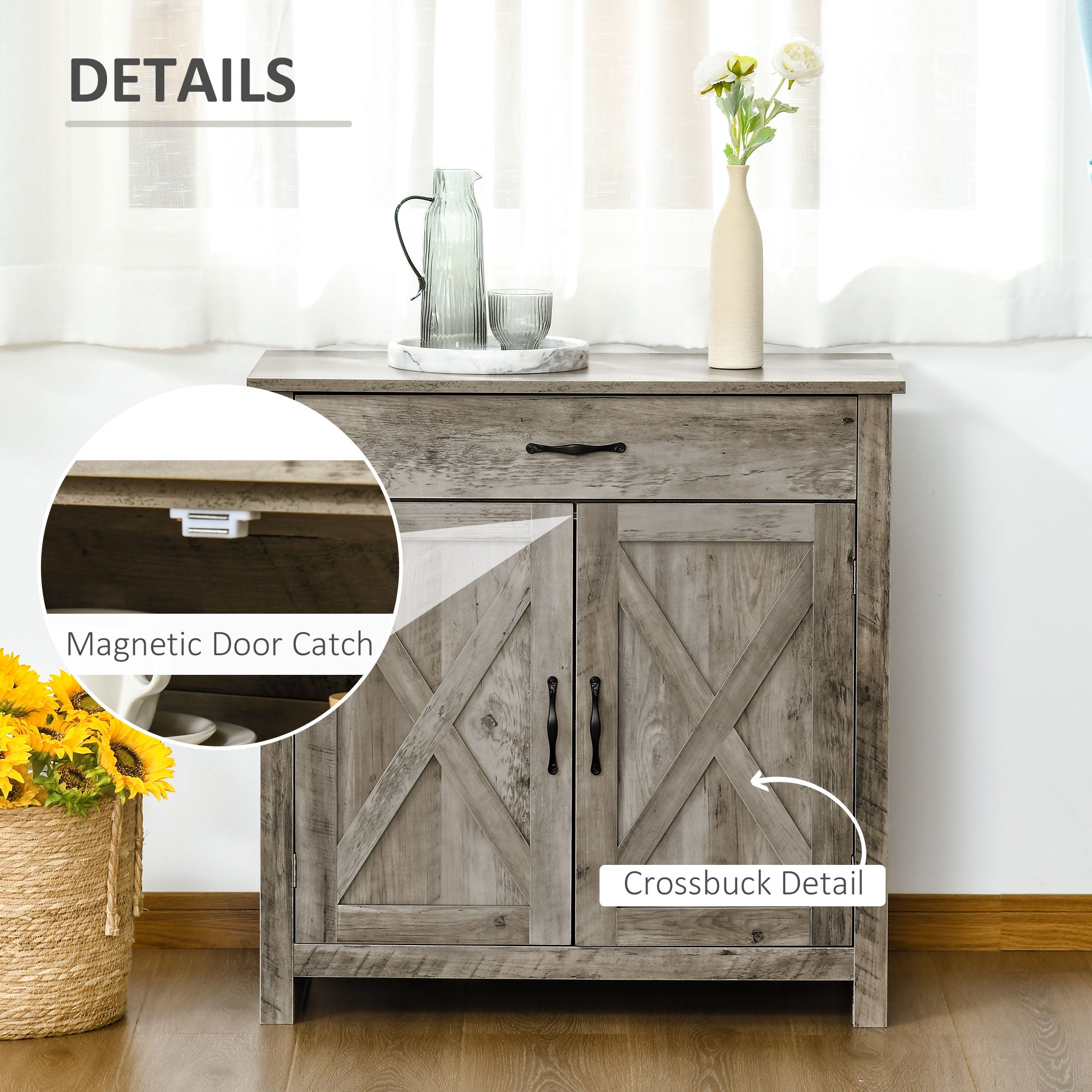 Farmhouse Sideboard Cabinet with Barn Doors, Drawer & Adjustable Shelf, Gray
