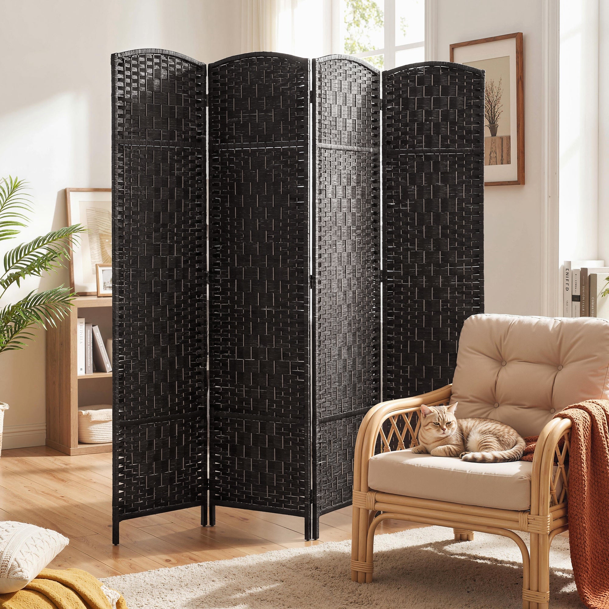 Room Divider, 4 Panel Folding Privacy Screen, 70.9" Tall Portable Wicker Weave Partition Wall Divider for Bedroom, Home Office, Coffee