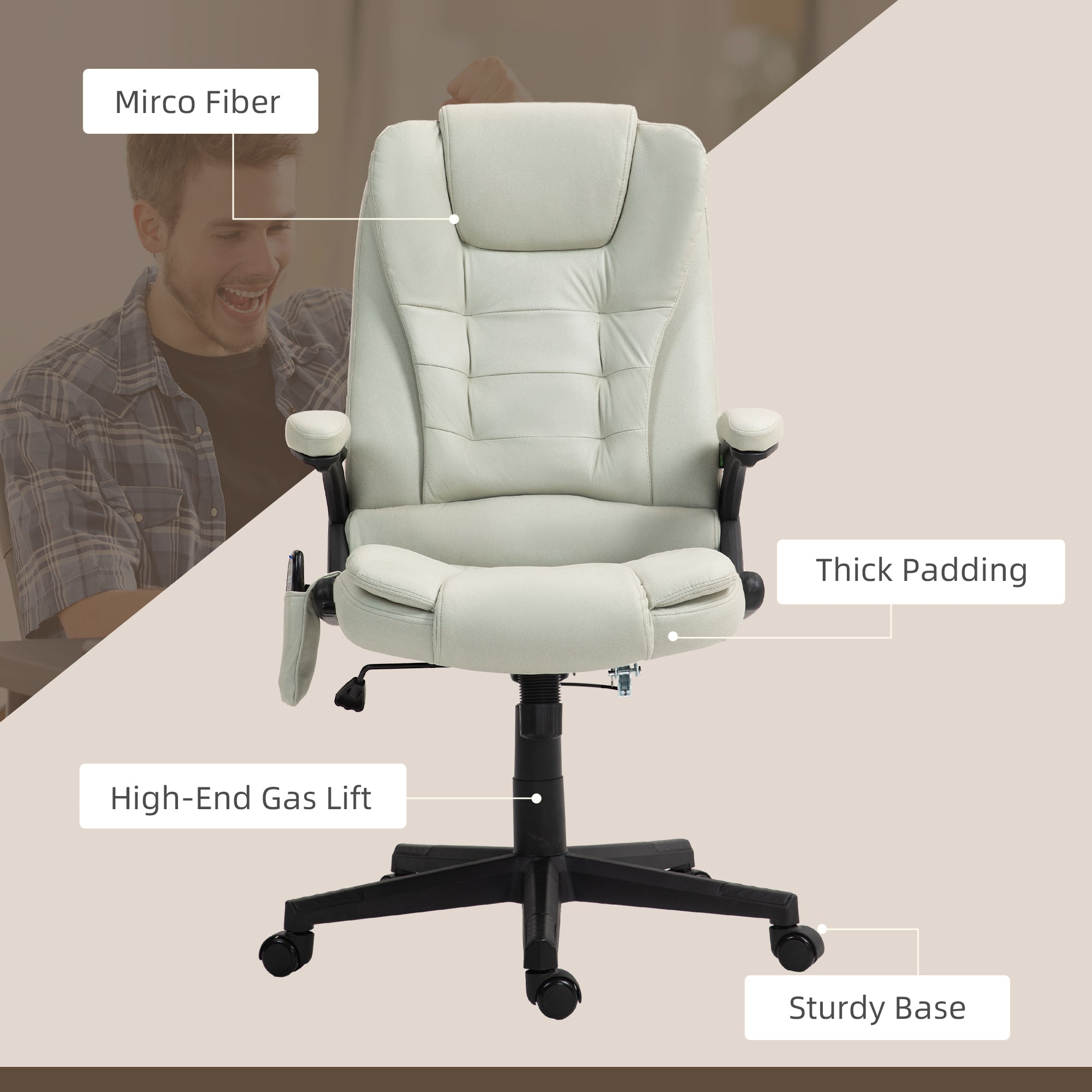 6 Point Vibrating Massage Office Chair with Heat, Microfiber Massage Desk Chair with Reclining Backrest, Beige