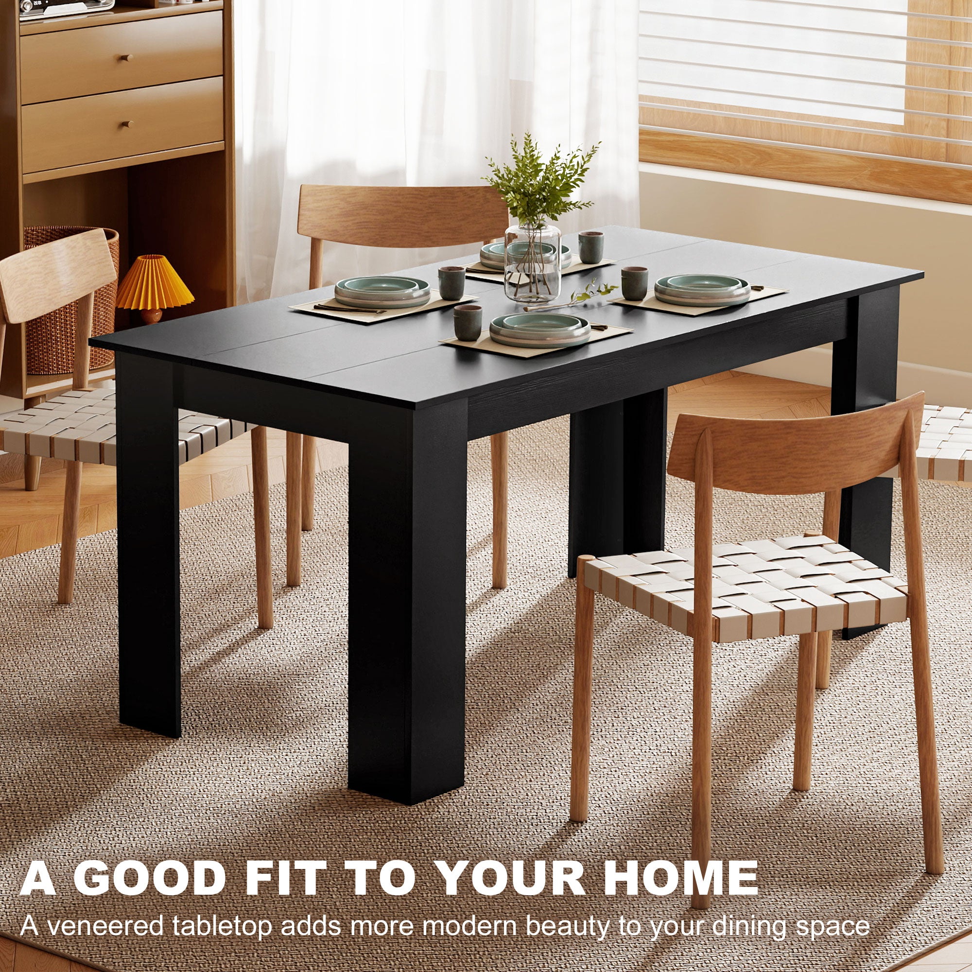 63" Dining Table for 4-6 People, Mid-Century Modern Rectangular Kitchen Table with Wood Effect for Dining Room, Living Room, Black Wood Effect