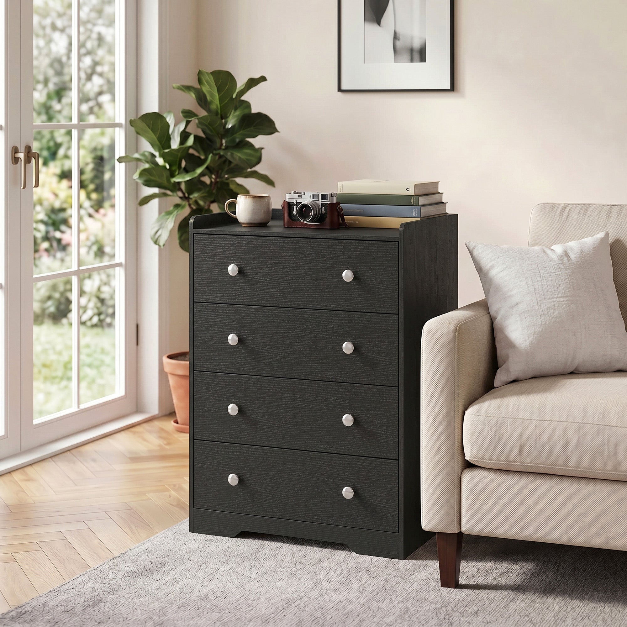 4 Drawer Chest of Drawers, Modern Dresser for Bedroom, Storage Cabinet for Living Room Entryway, Black Wood Effect