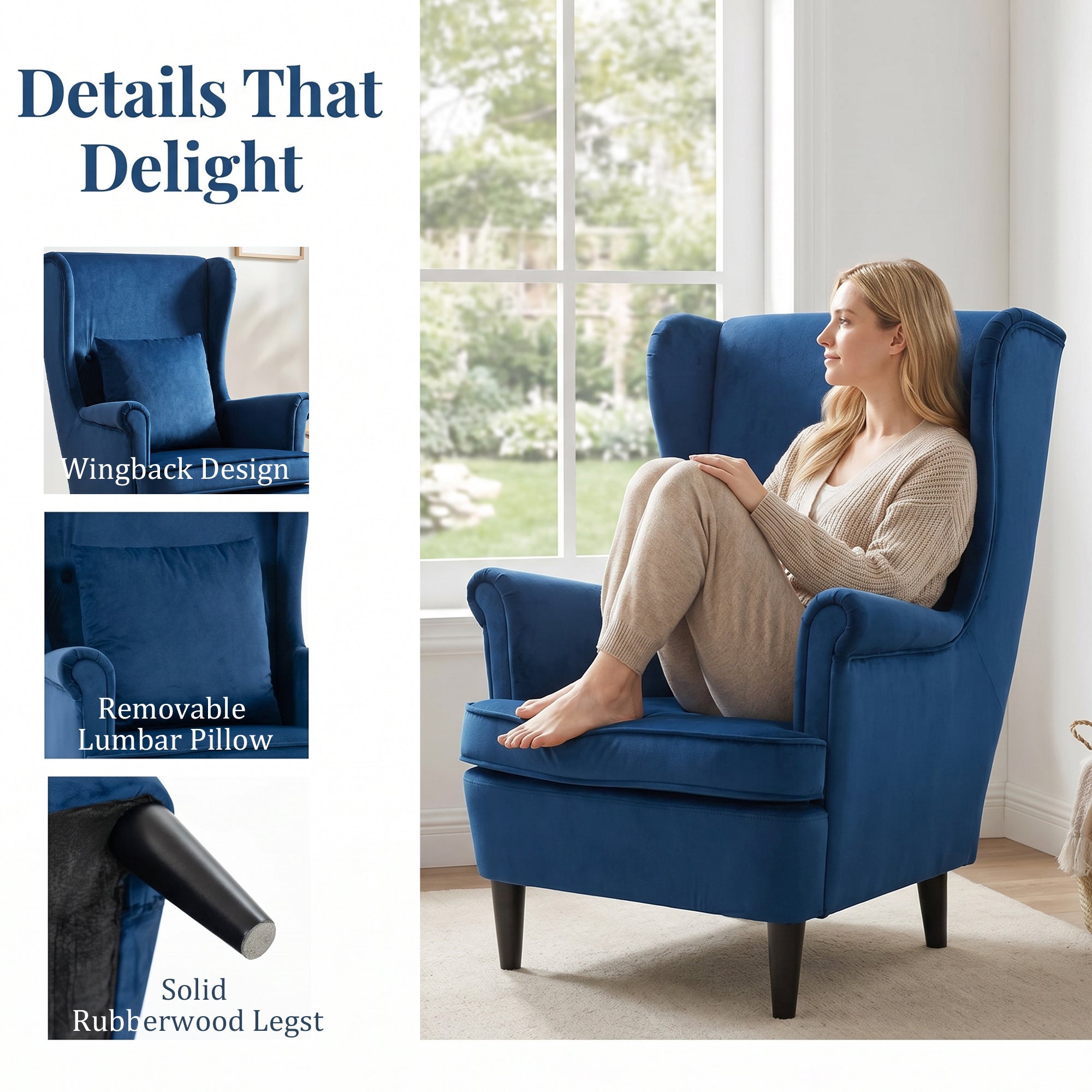 Modern Accent Chair, Upholstered Wingback Armchair with High Backrest and Pillow, Velvet-Feel Fabric Reading Chair with Solid Wood Legs for Living Room, Bedroom, Home Office, Blue