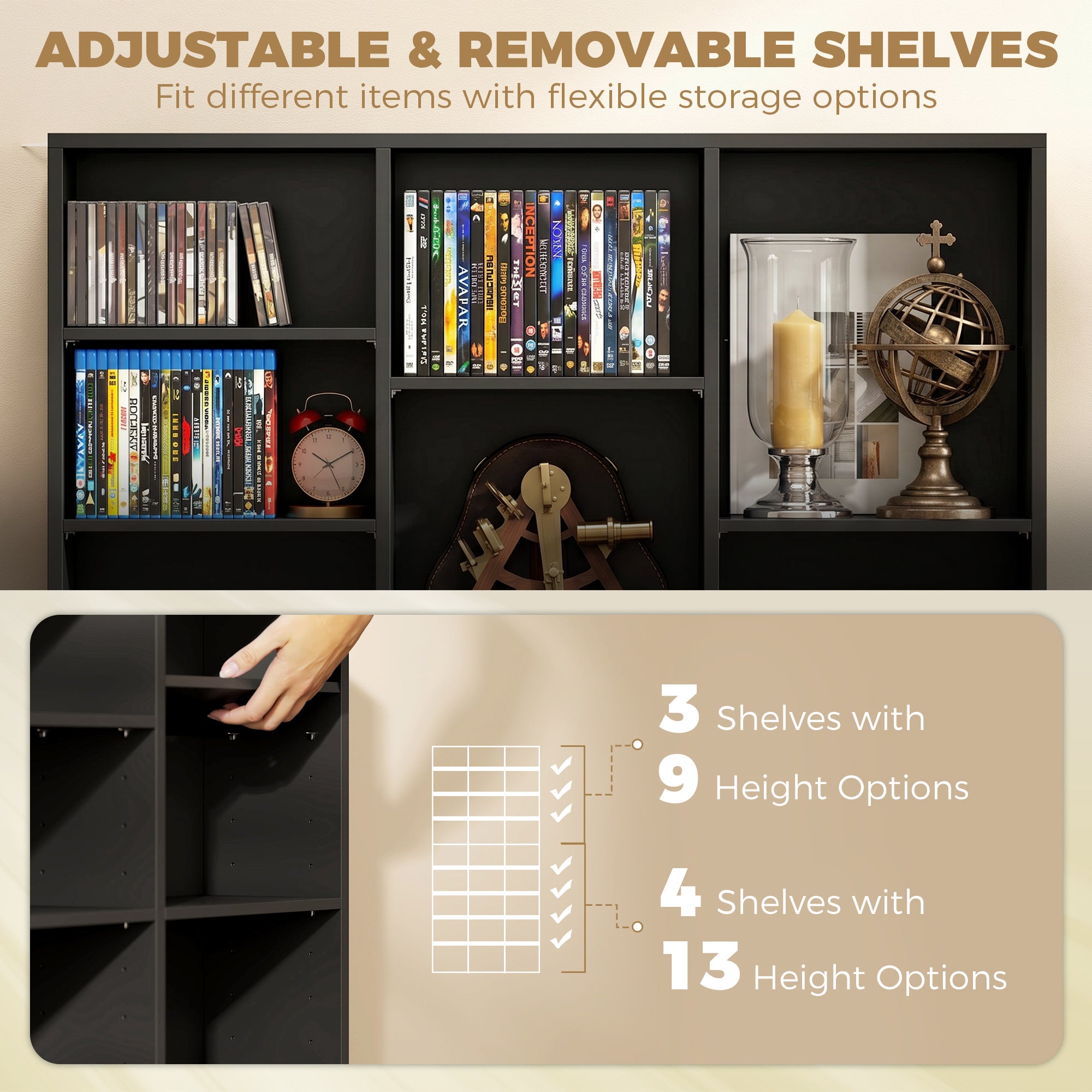 835 CD/500 DVD Storage Unit, Blu-ray Media Storage Shelf with 27 Compartments and 21 Adjustable Shelves, CD Tower for Living Room, Bedroom, Office, Black