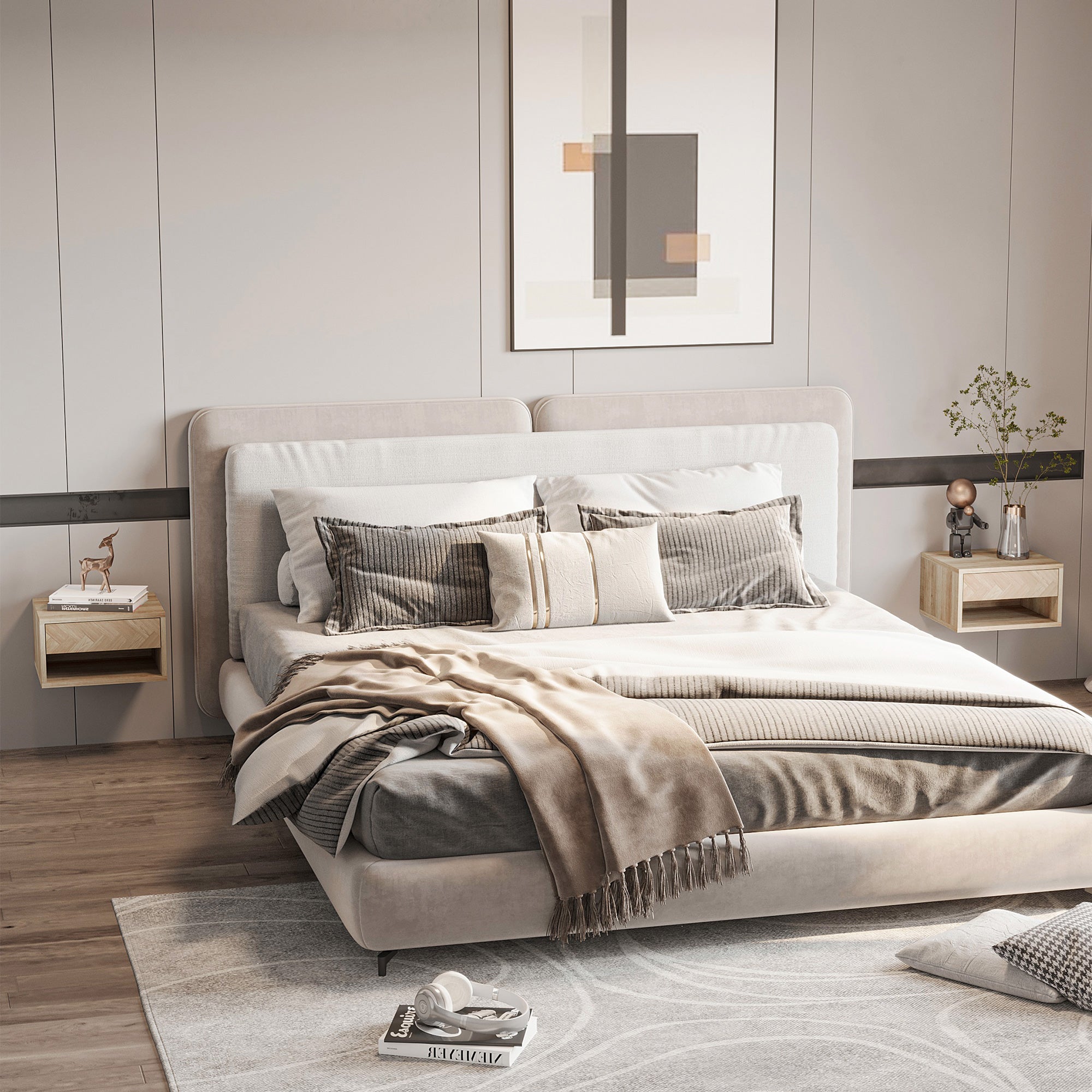 HOMCOM Floating Bedside Table Set of 2 Wall Mounted Nightstand with Storage Drawer and Open Shelf for Bedroom, Natural