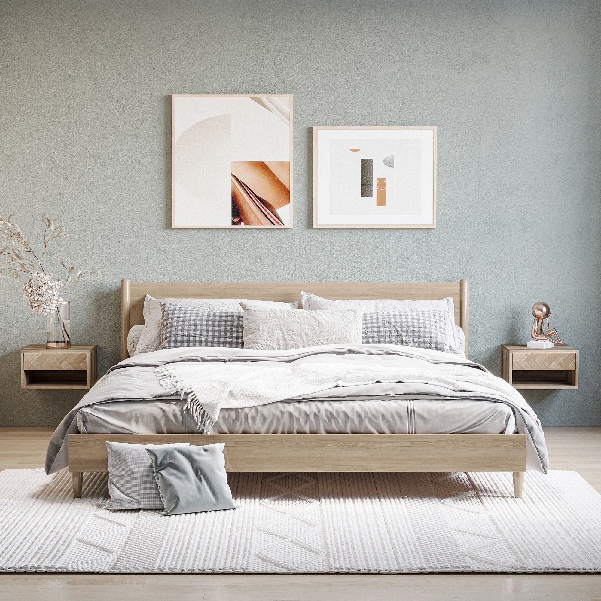 HOMCOM Floating Bedside Table Set of 2 Wall Mounted Nightstand with Storage Drawer and Open Shelf for Bedroom, Natural