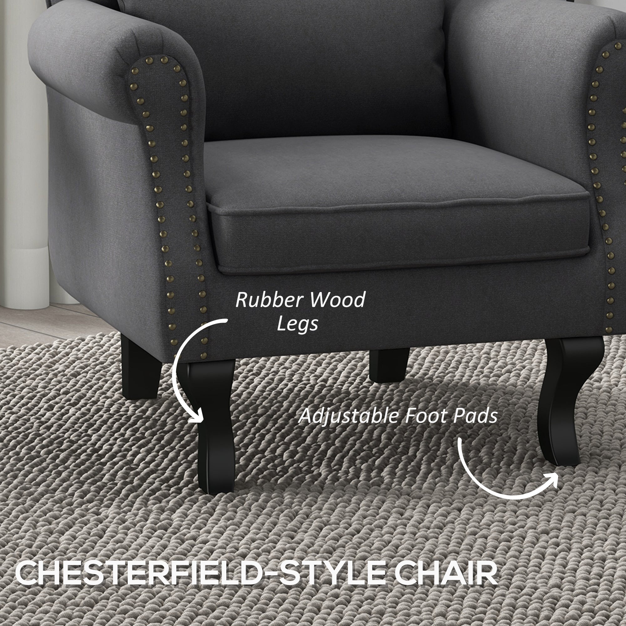 HOMCOM Wingback Armchair, Chesterfield-style Accent Chair, Upholstered Fireside Chair with Pillow, Button Tufted Back and Naihead Trim for Living Room, Bedroom, Home Office, Dark Grey