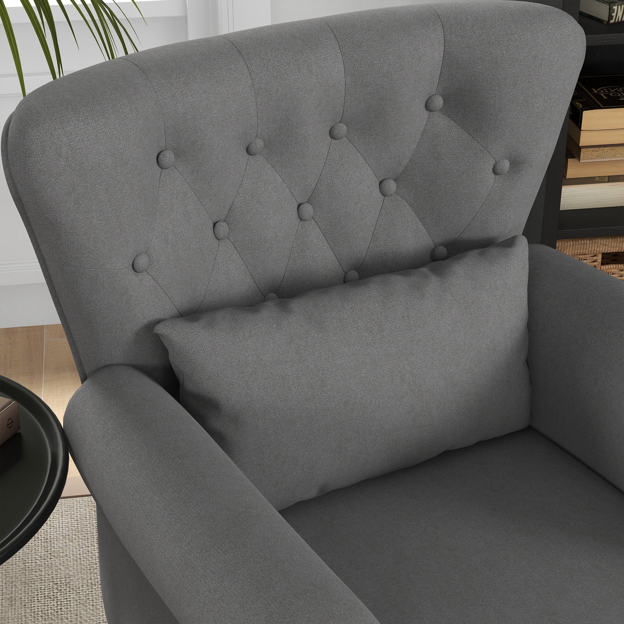 HOMCOM Wingback Armchair, Chesterfield-style Accent Chair, Upholstered Fireside Chair with Pillow, Button Tufted Back and Naihead Trim for Living Room, Bedroom, Home Office, Dark Grey