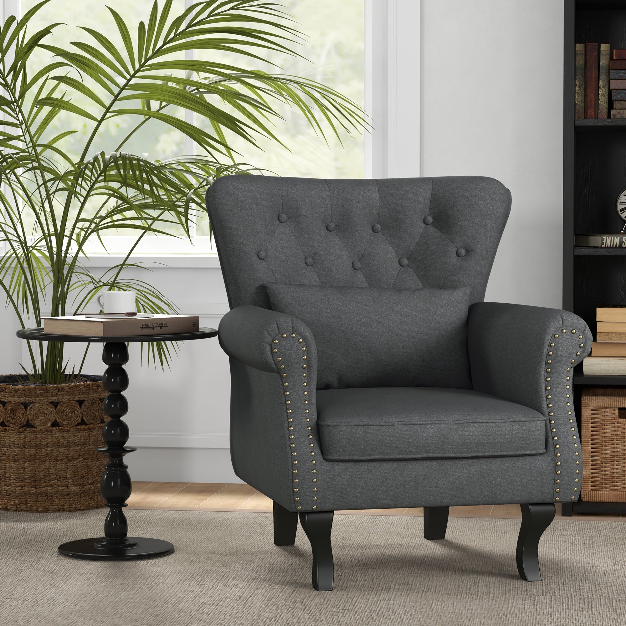 HOMCOM Wingback Armchair, Chesterfield-style Accent Chair, Upholstered Fireside Chair with Pillow, Button Tufted Back and Naihead Trim for Living Room, Bedroom, Home Office, Dark Grey