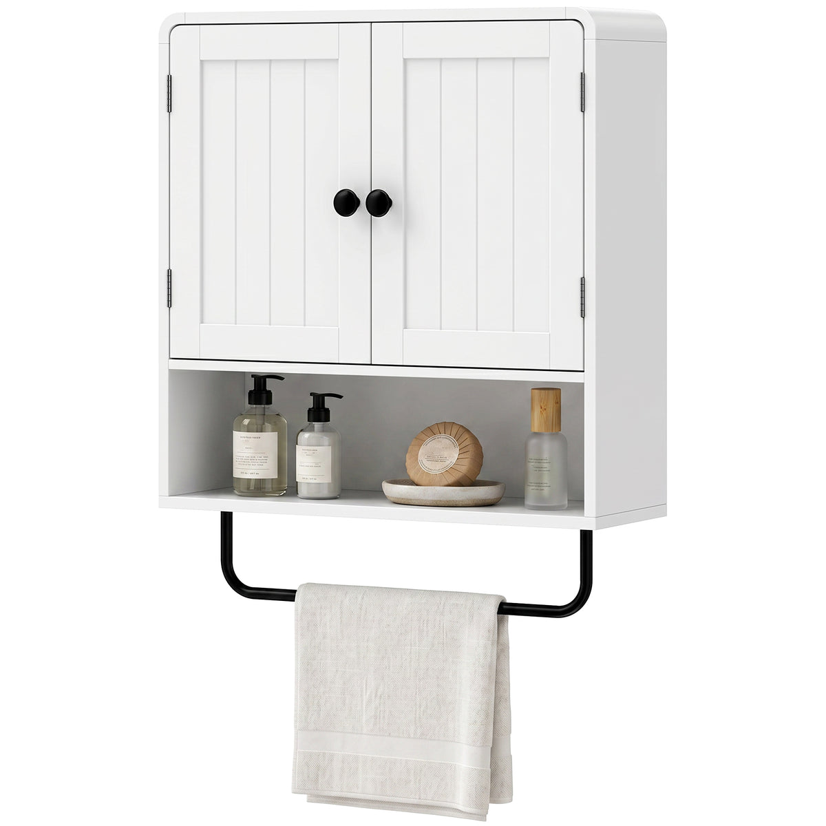 Bathroom Wall Cabinet, Wall Mounted Bathroom Cabinet with 2 Doors, Open Shelf, Towel Bar and Adjustable Shelf Storage for Toilet, Laundry, White
