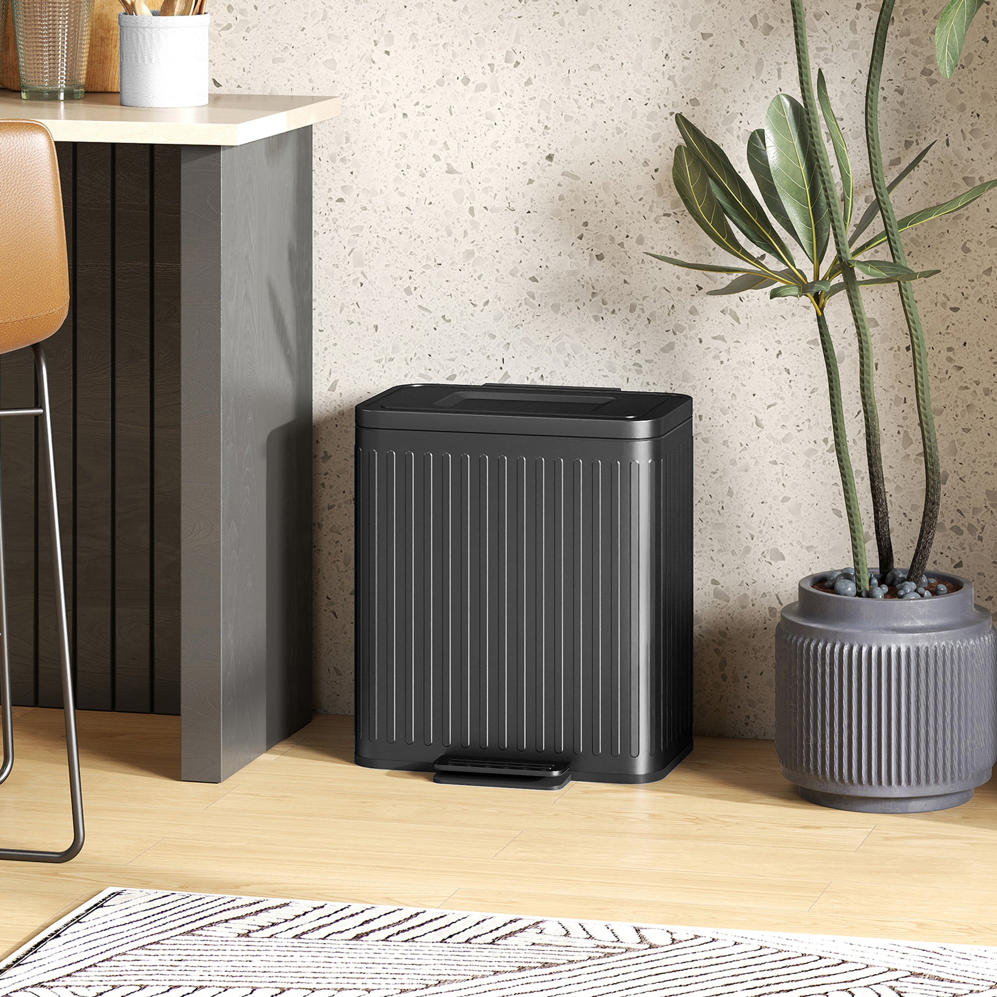 Trash Can, 2 x 5.3 Gallon (2 x 20 L) Garbage Can with Soft-Close Lid, Foot Pedal, Removable Inner Buckets, Fingerprint-Proof, Garbage Bin for Kitchen Home Office, Black