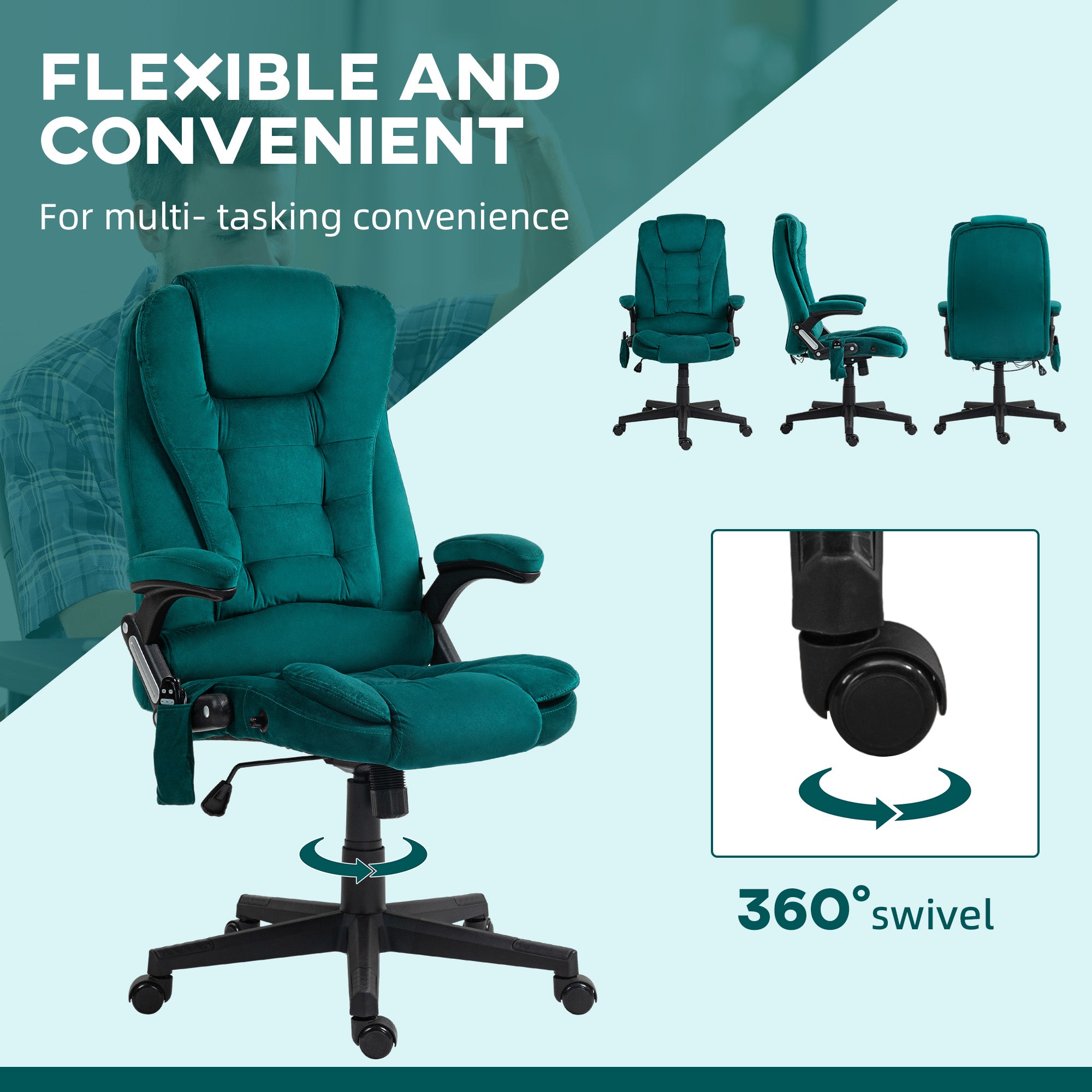 6 Points Heated Executive Office Chair, Velvet High Back Massage Office Chair, Dark Green