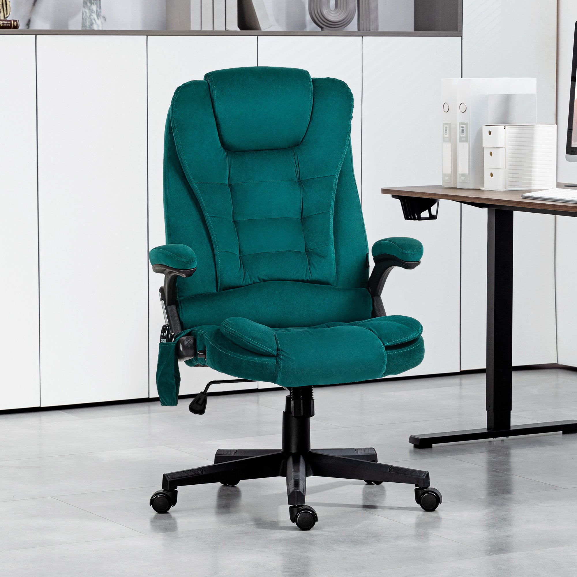 6 Points Heated Executive Office Chair, Velvet High Back Massage Office Chair, Dark Green
