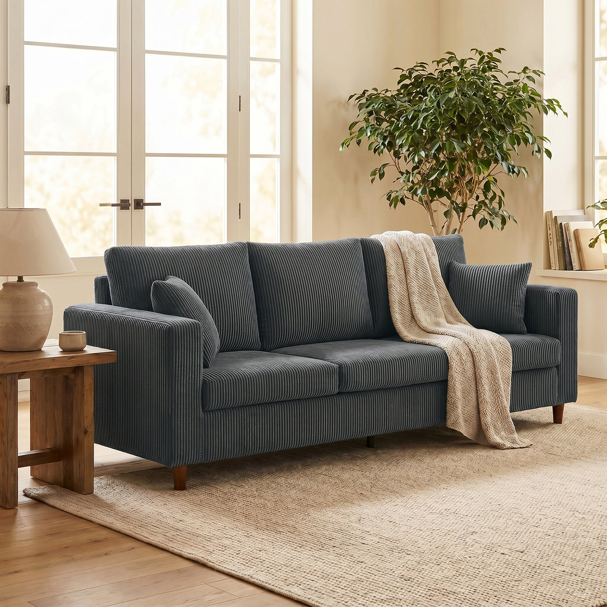 99" Corduroy Couch, Modern 3 Seater Sofa with Wide Deep Seat, Wide Armrests, Spring Cushion, Thick Padded, Solid Wood Legs, Fabric Sofa for Living Room, Dark Grey
