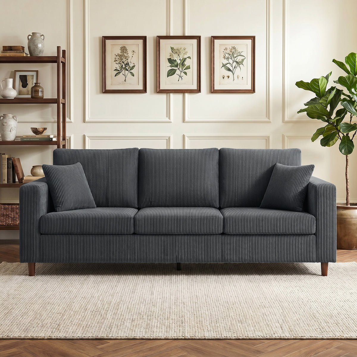 99" Corduroy Couch, Modern 3 Seater Sofa with Wide Deep Seat, Wide Armrests, Spring Cushion, Thick Padded, Solid Wood Legs, Fabric Sofa for Living Room, Dark Grey