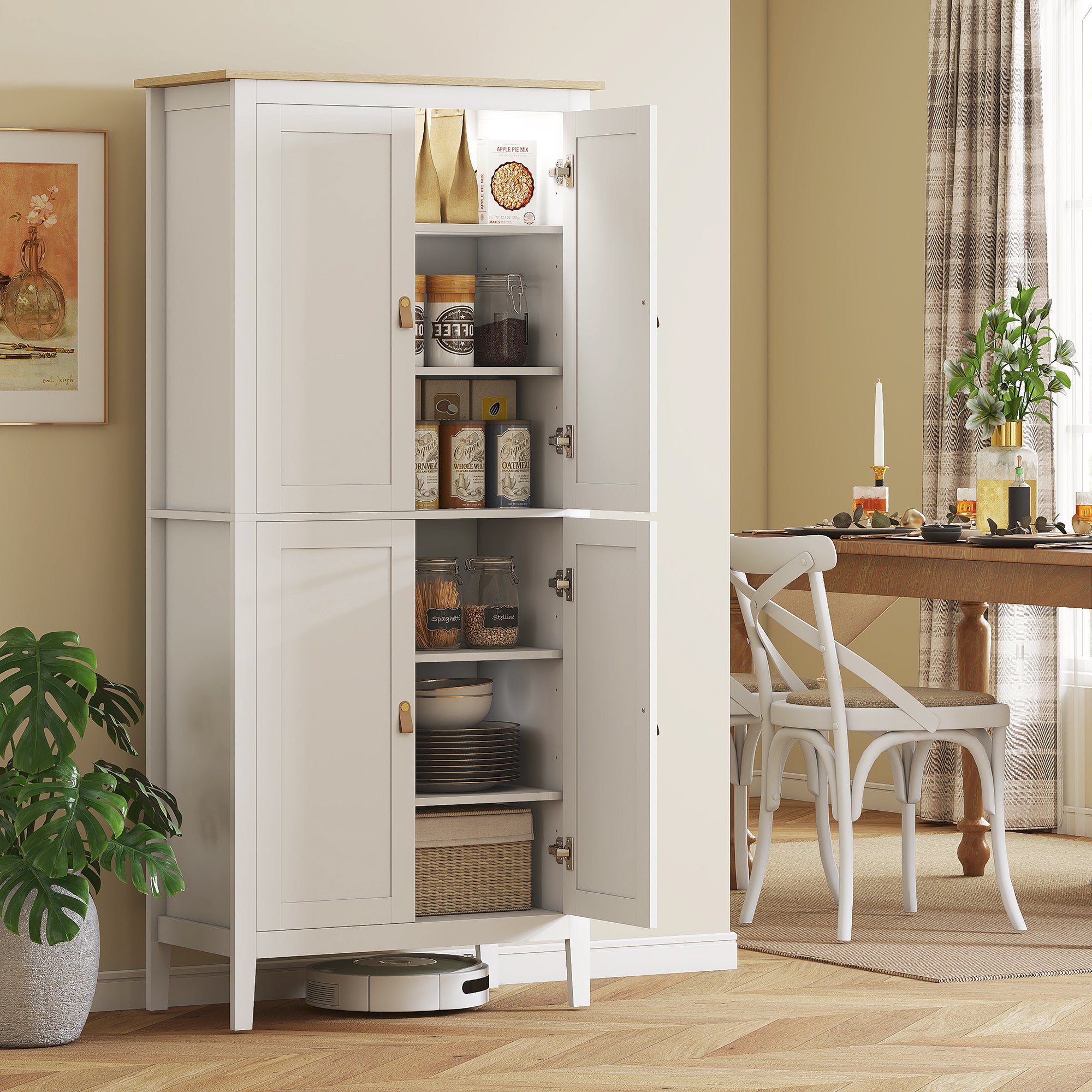 Tall Kitchen Cupboard with Motion Sensor LED Light, 3-Colour Dimmable Lighting, 177 cm Freestanding Storage Cabinet with Doors and Adjustable Shelves, White