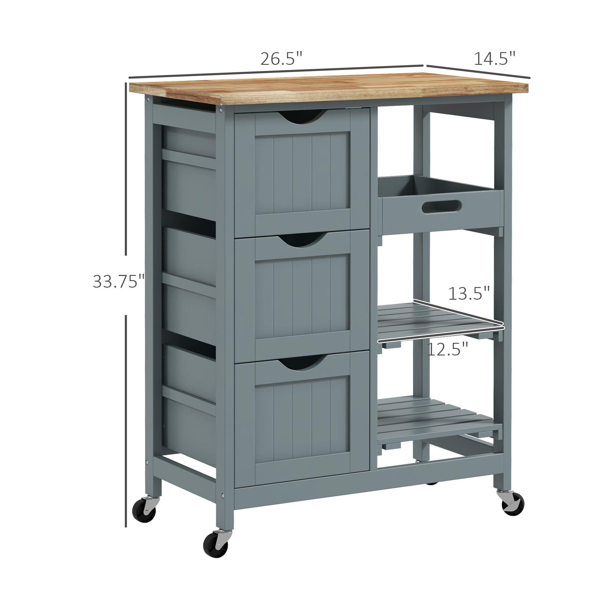36" Rolling Kitchen Island Cart with Wood Top, Shelves & Drawers for Dining, Gray - HOMCOM