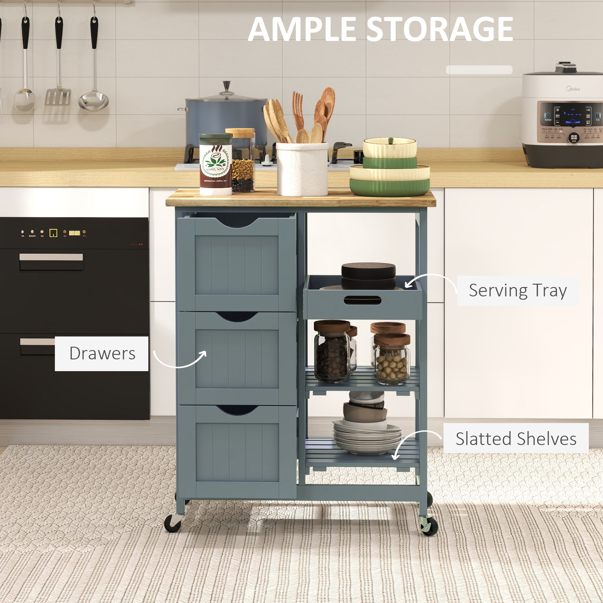 36" Rolling Kitchen Island Cart with Wood Top, Shelves & Drawers for Dining, Gray - HOMCOM