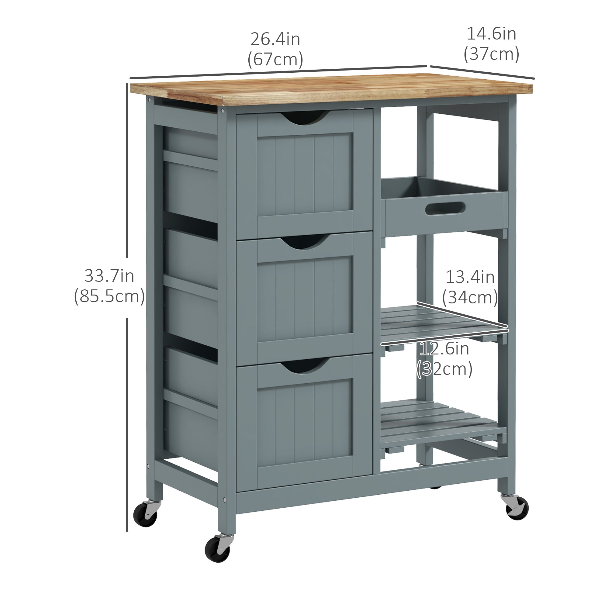 HOMCOM Rolling Kitchen Island Cart, Bar Serving Cart, Compact Trolley on Wheels with Wood Top, Shelves and Drawers, Grey