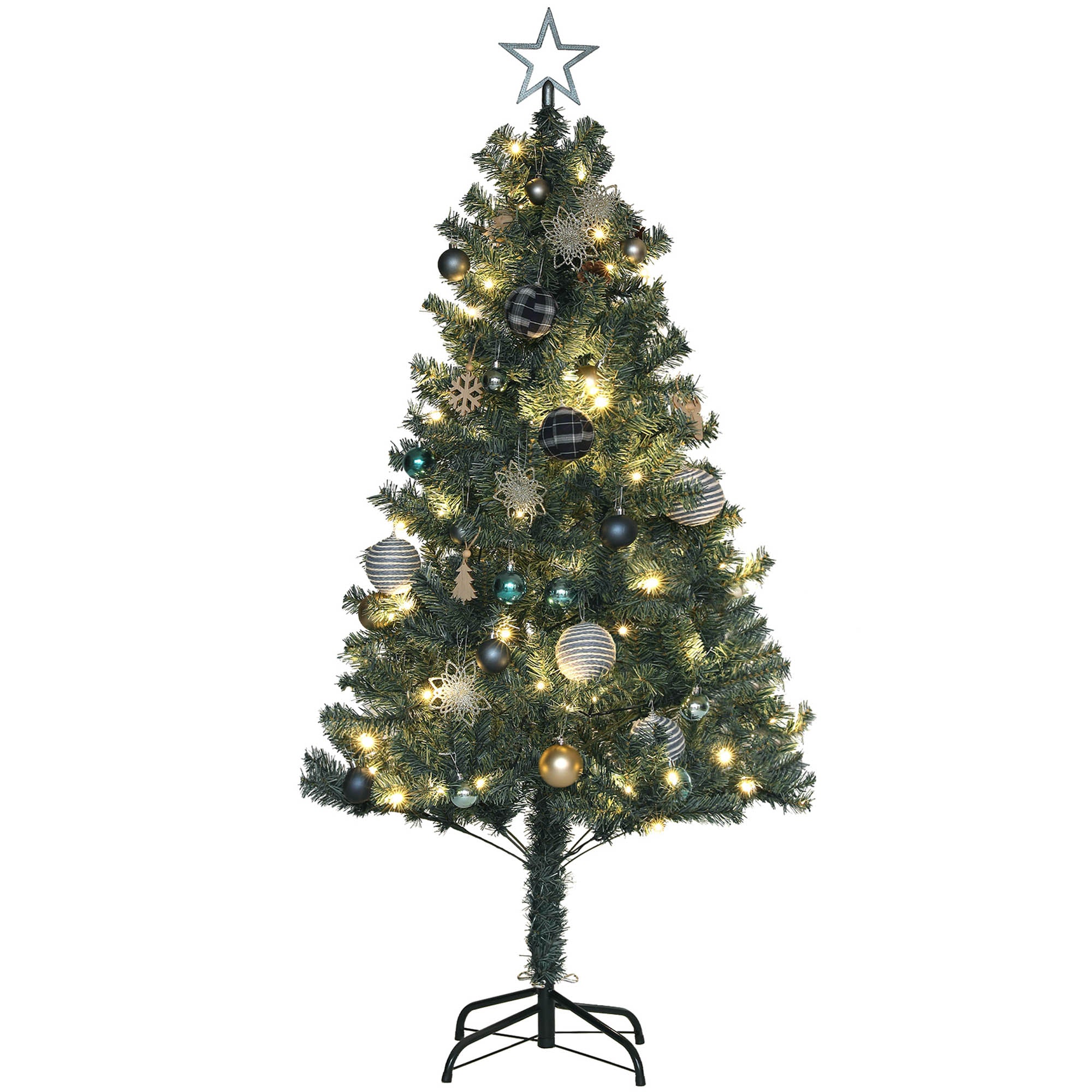 HOMCOM 5ft Artificial Prelit Christmas Tree with 100 Warm White LED Lights and 353 Tips, Metal Stand, Xmas Tree for Home Office Holiday, Green
