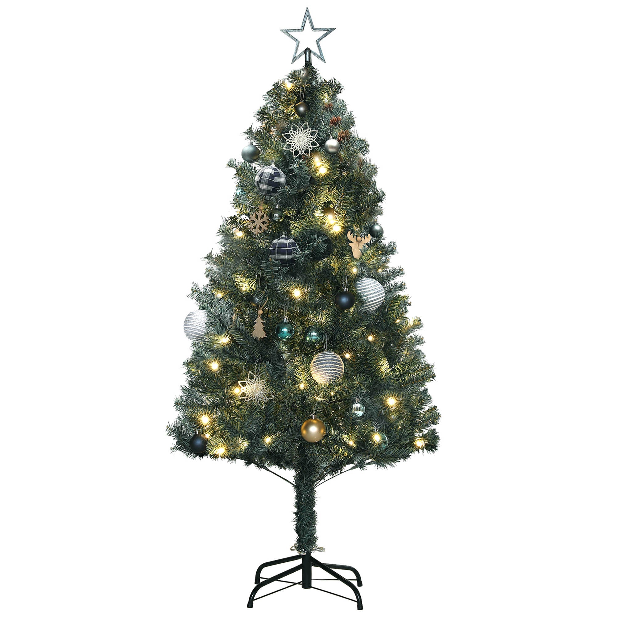 HOMCOM 5ft Artificial Prelit Christmas Tree with 100 Warm White LED Lights and 353 Tips, Metal Stand, Xmas Tree for Home Office Holiday, Green