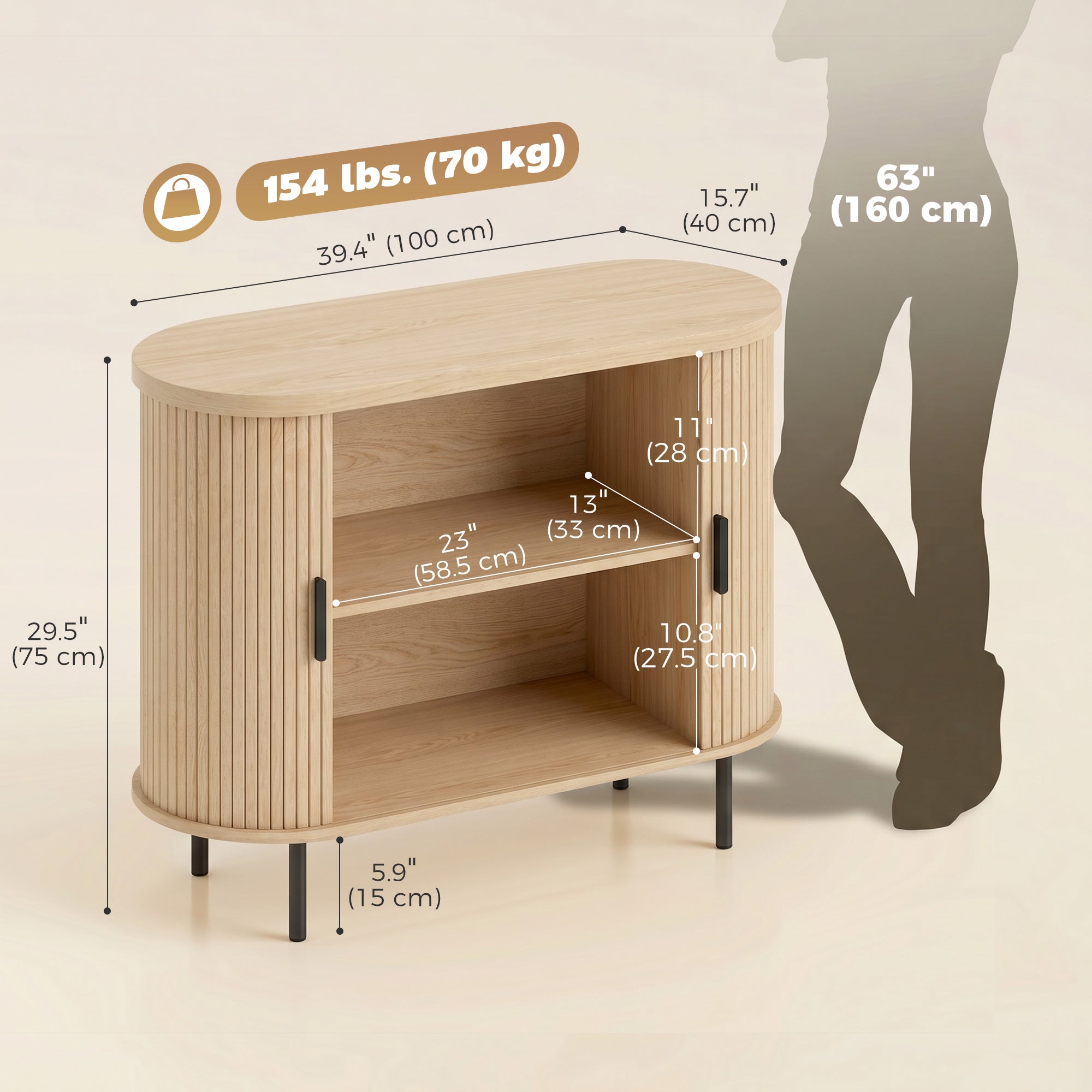 Sideboard Buffet Cabinet with Curved Tambour Doors, 39.4" Farmhouse Coffee Bar Cabinet with Shelves and Side Slots, Natural Wood