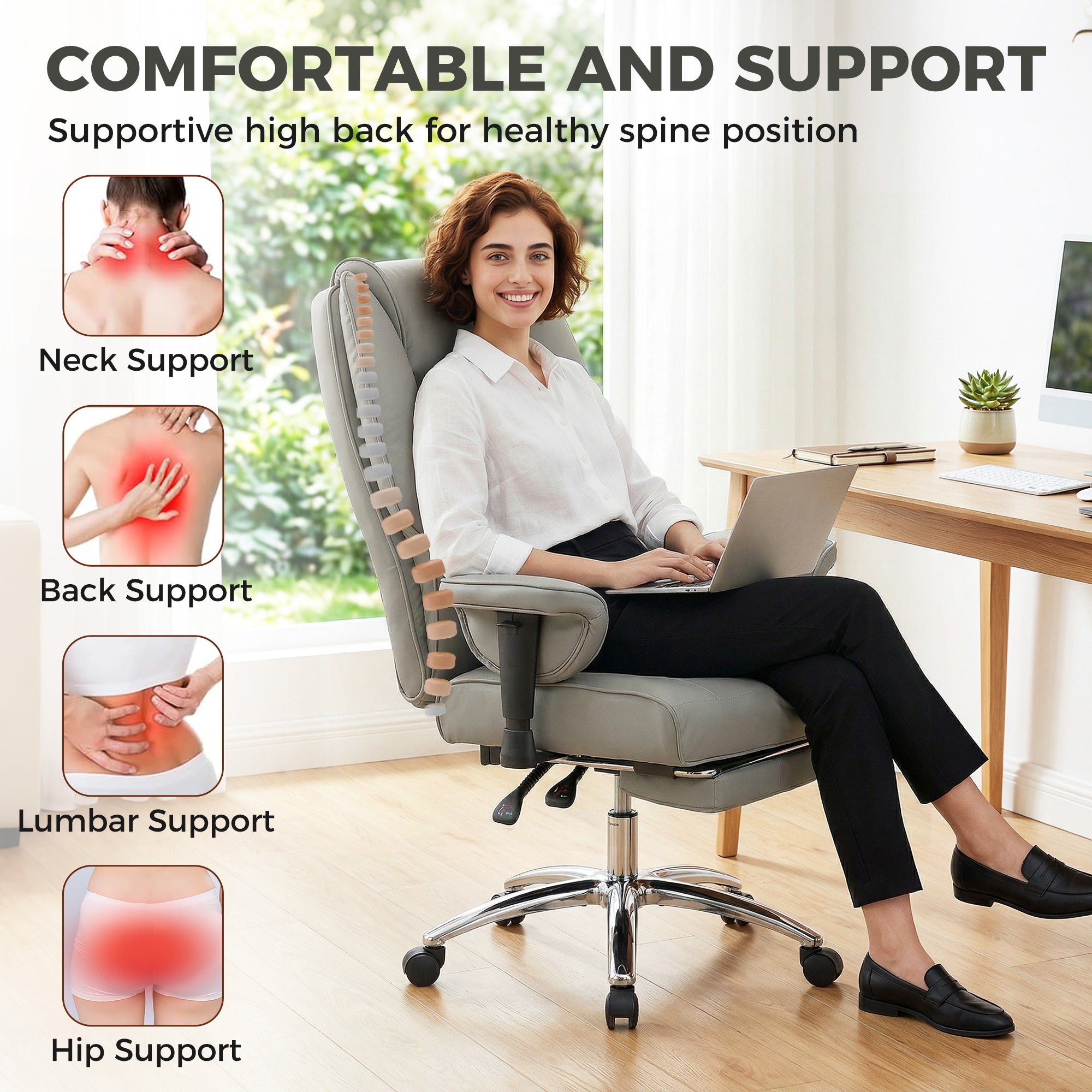 Ergonomic Executive Office Chair with Foot Rest, Reclining Swivel Computer Desk Chair with Adjustable Armrests, Spring Seat, High Back, Thick Cushion, Pet Friendly Faux Leather, Light Gray
