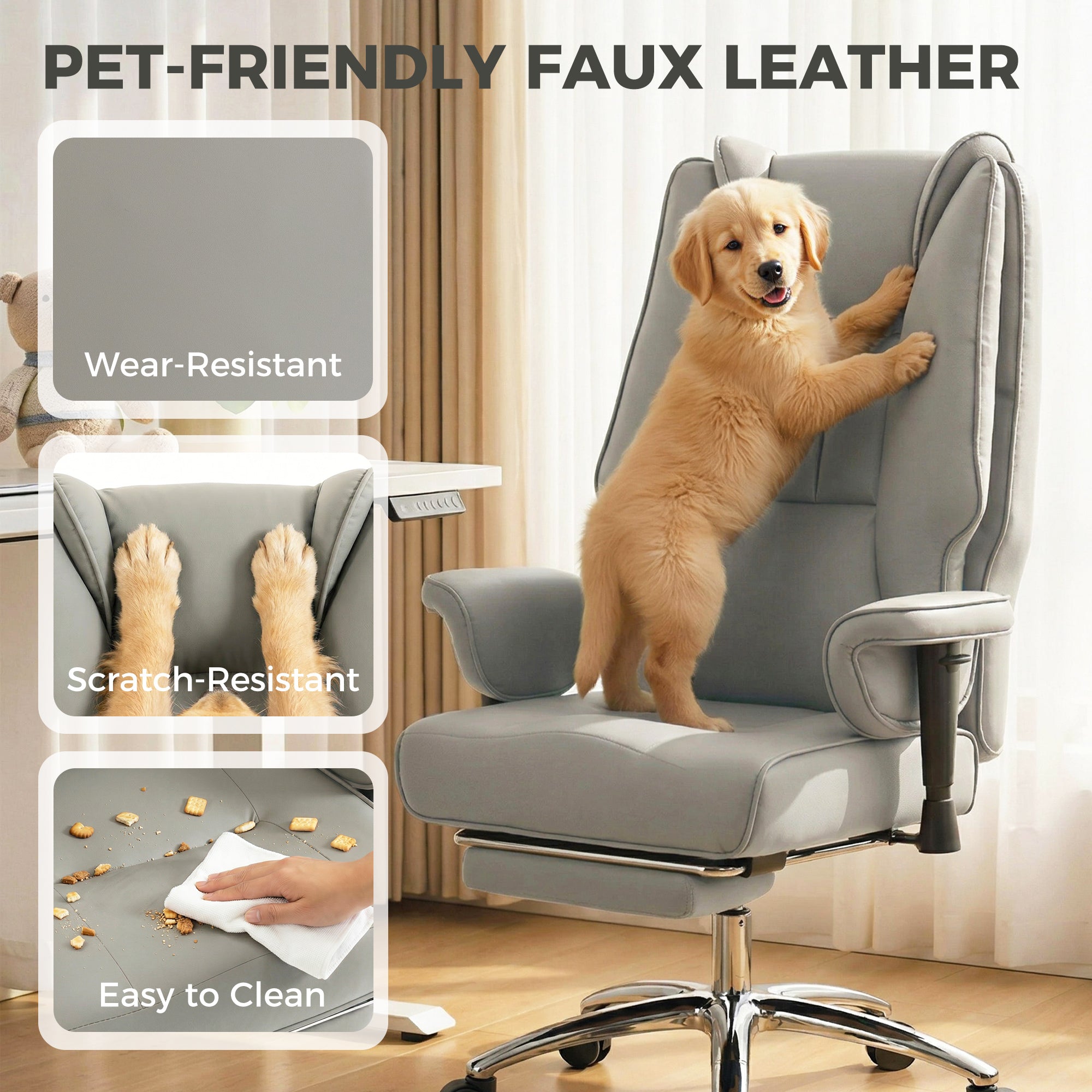 Ergonomic Executive Office Chair with Foot Rest, Reclining Swivel Computer Desk Chair with Adjustable Armrests, Spring Seat, High Back, Thick Cushion, Pet Friendly Faux Leather, Light Gray
