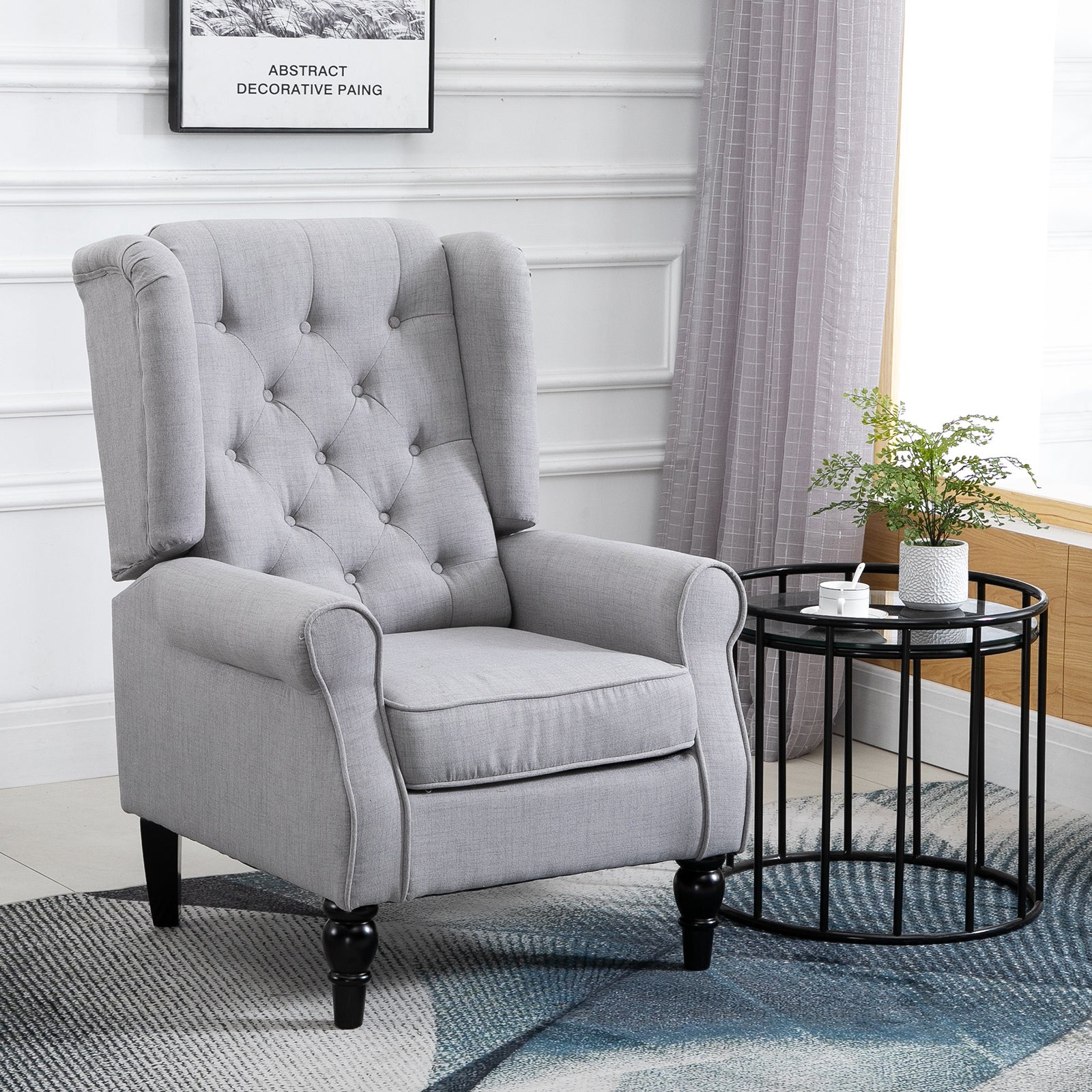 Mid-Century Accent Chair w/ High Wingback, Button-Tufted Fabric & Retro Wood Legs, Gray