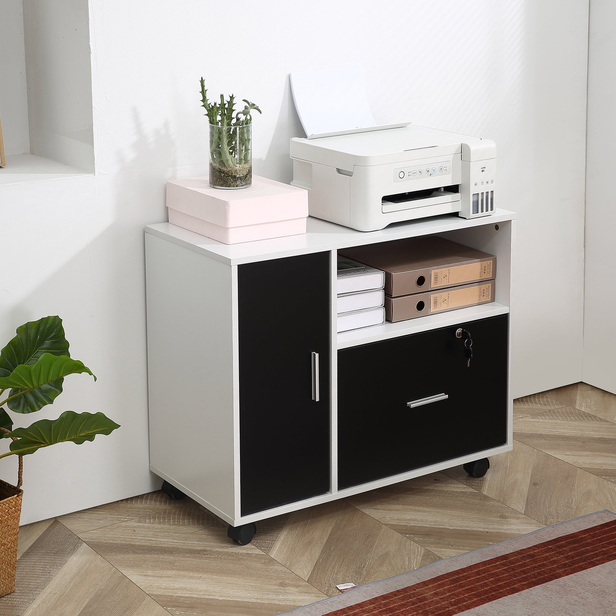 HOMCOM Filing Cabinet with Lockable Drawer, Mobile File Cabinet with 4 Wheels and Shelf, Printer Stand for Hanging A4 and Letter Sized Files, Home Office, Black and White