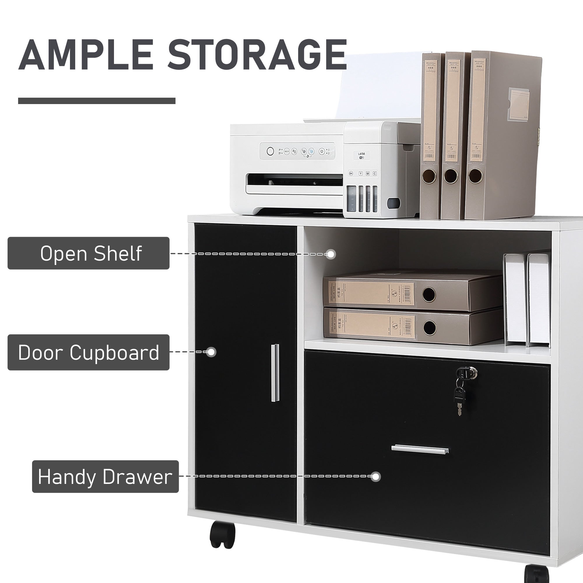 HOMCOM Filing Cabinet with Lockable Drawer, Mobile File Cabinet with 4 Wheels and Shelf, Printer Stand for Hanging A4 and Letter Sized Files, Home Office, Black and White