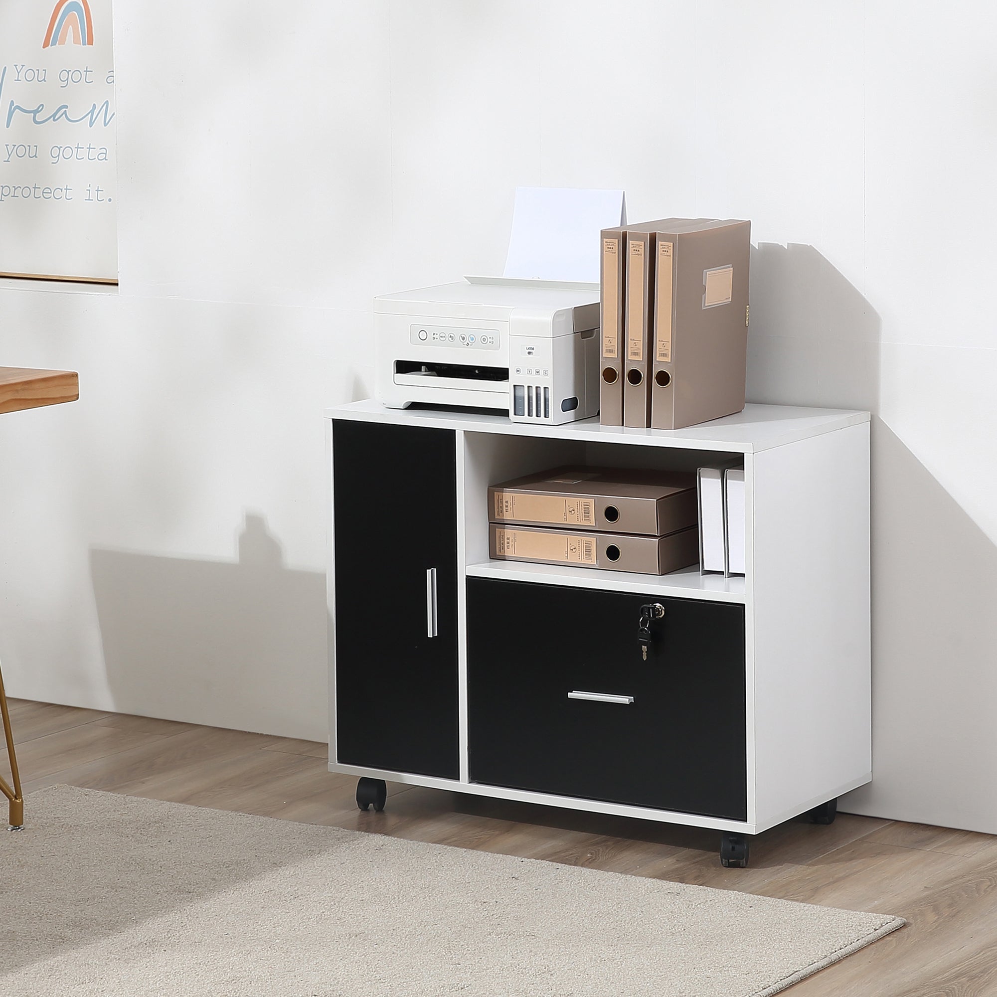 HOMCOM Filing Cabinet with Lockable Drawer, Mobile File Cabinet with 4 Wheels and Shelf, Printer Stand for Hanging A4 and Letter Sized Files, Home Office, Black and White