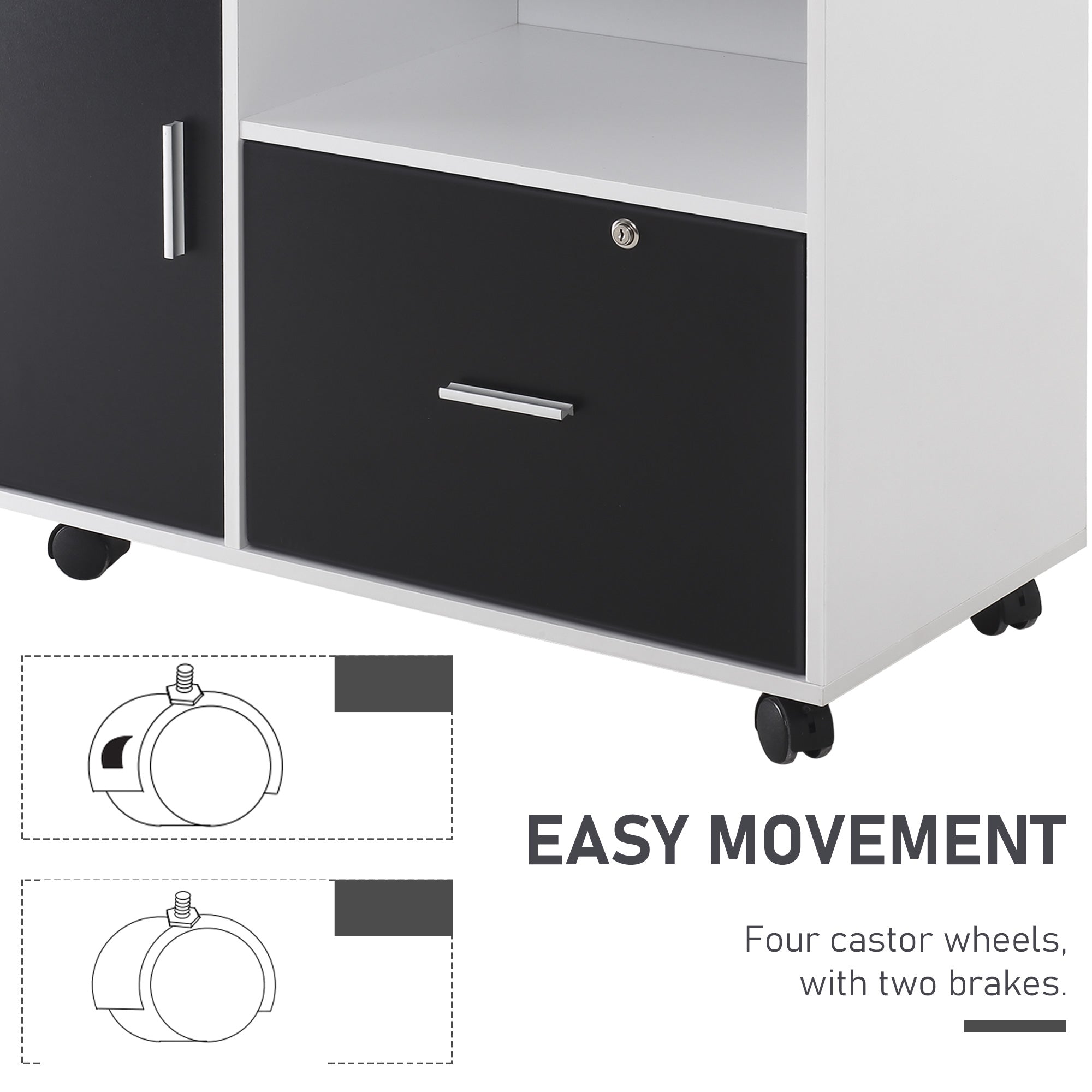 HOMCOM Filing Cabinet with Lockable Drawer, Mobile File Cabinet with 4 Wheels and Shelf, Printer Stand for Hanging A4 and Letter Sized Files, Home Office, Black and White