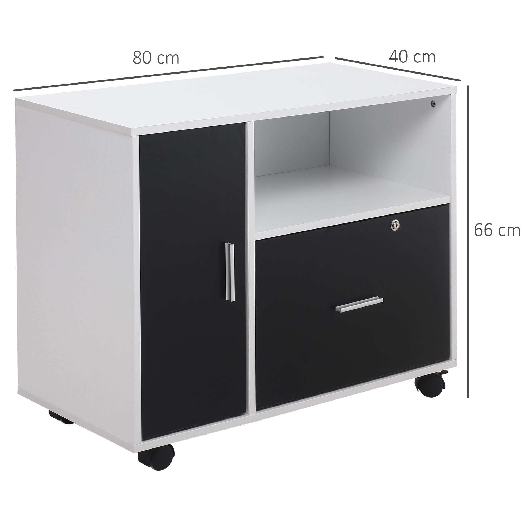 HOMCOM Filing Cabinet with Lockable Drawer, Mobile File Cabinet with 4 Wheels and Shelf, Printer Stand for Hanging A4 and Letter Sized Files, Home Office, Black and White