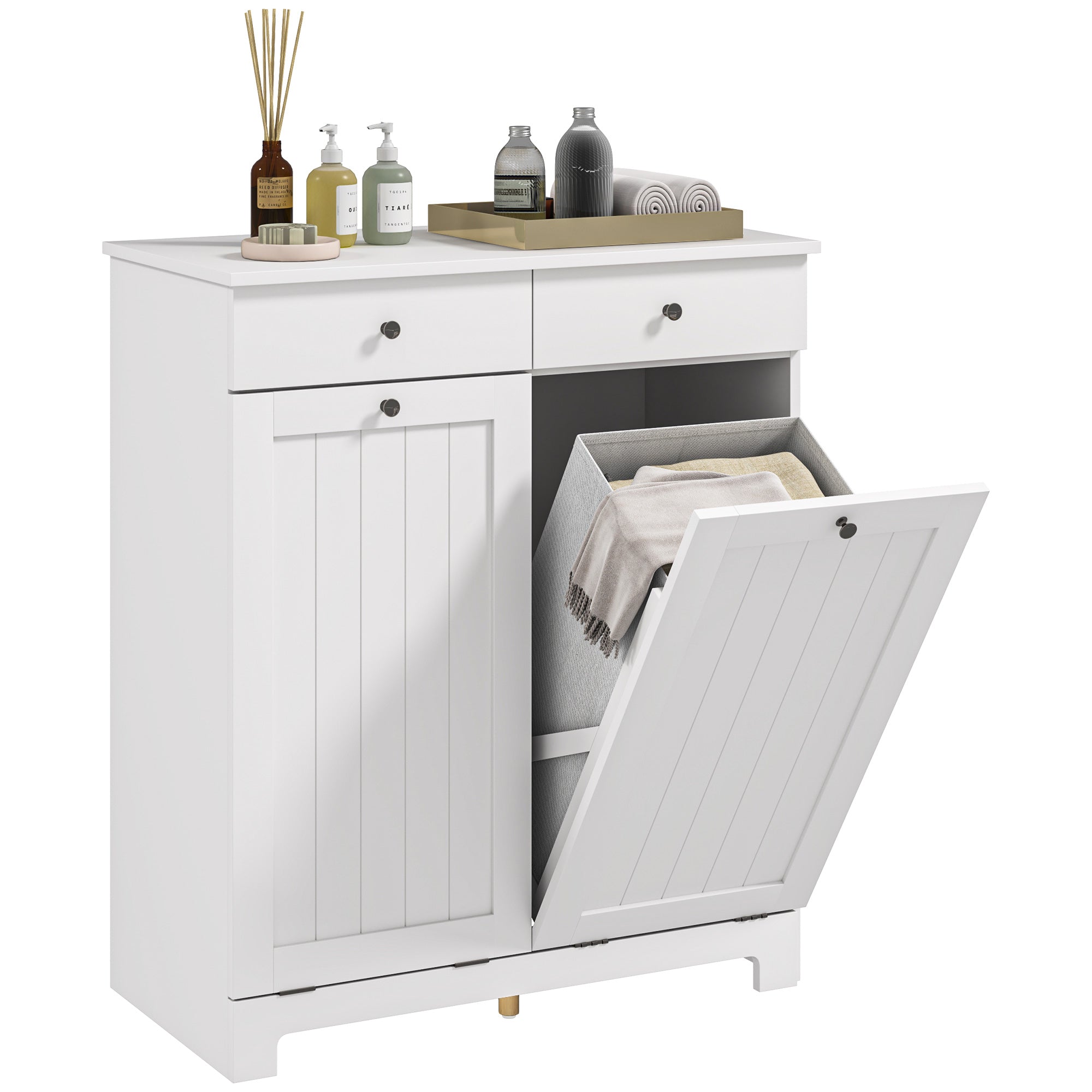 HOMCOM Laundry Hamper Cabinet with 2 Removable Baskets, Tilt Out Laundry Hamper Cabinet with 2 Drawers and 2 Beadboard Doors, Laundry Cabinet Bathroom Storage Cabinet, White