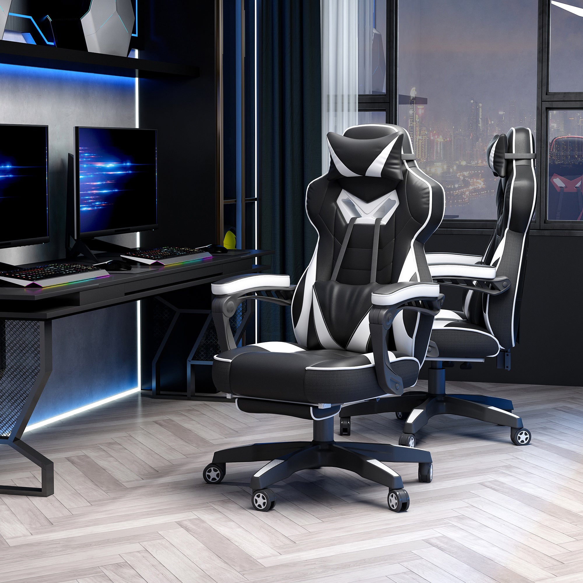 Vinsetto Computer Gaming Chair, Racing Desk Chair with Lumbar Support and Footrest, PU Leather Gamer Chair with Headrest and Swivel Wheels for Home, White