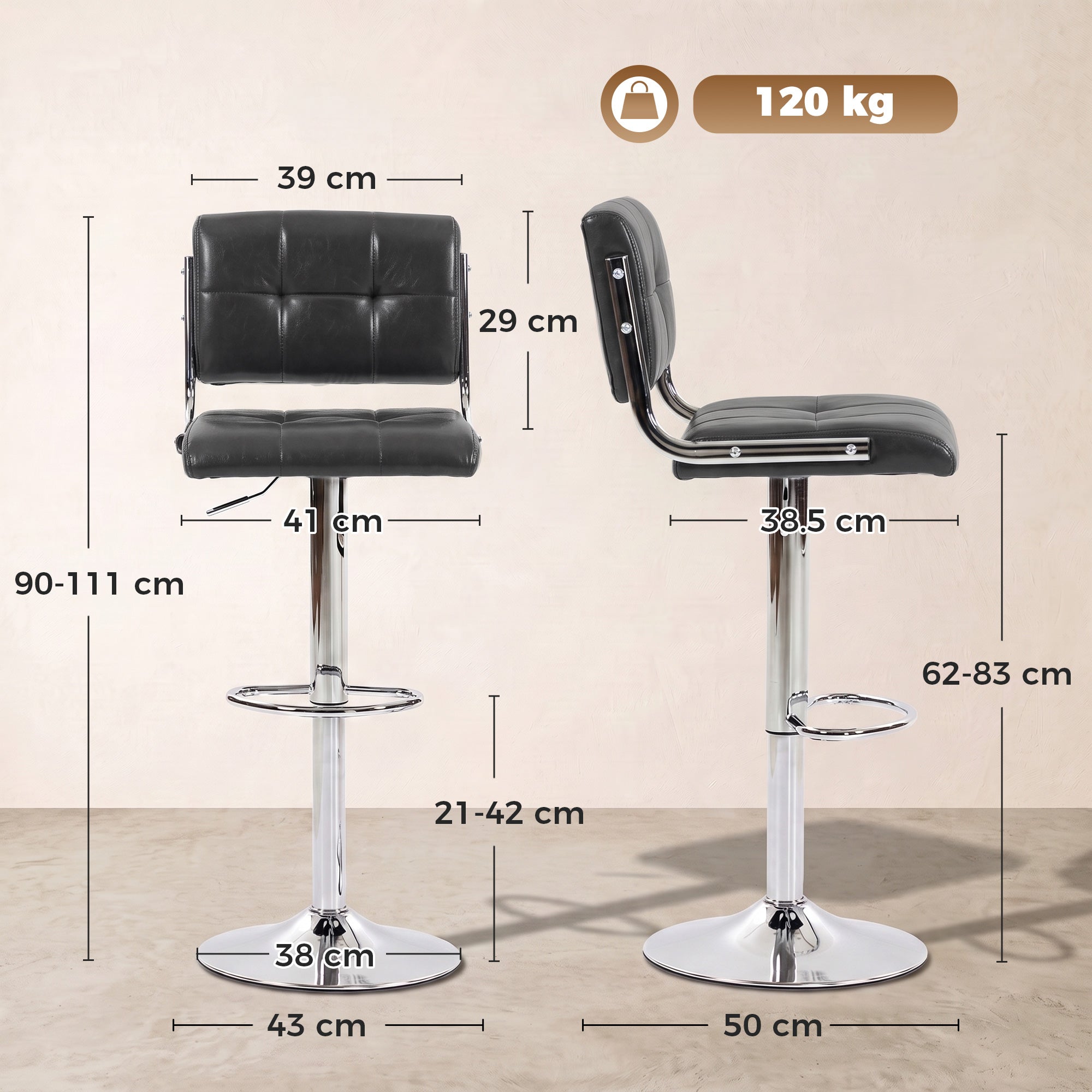 Breakfast Bar Stools Set of 2, Modern PU Leather Swivel BarStools, Adjustable Counter Height Bar Chairs with Backrest and Footrest for Kitchen Island, Dining Room, Bar, Grey