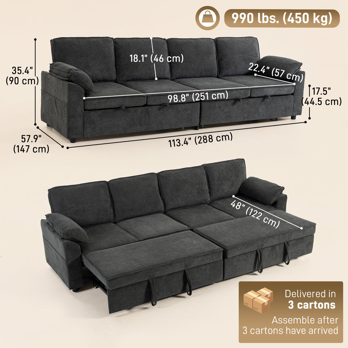 Sectional Sofa Bed, Sleeper Sofa Bed Couch with Double Pullout, Integrated Footrest, Chenille Fabric Futon for Living Room Bedroom Study, Dark Grey
