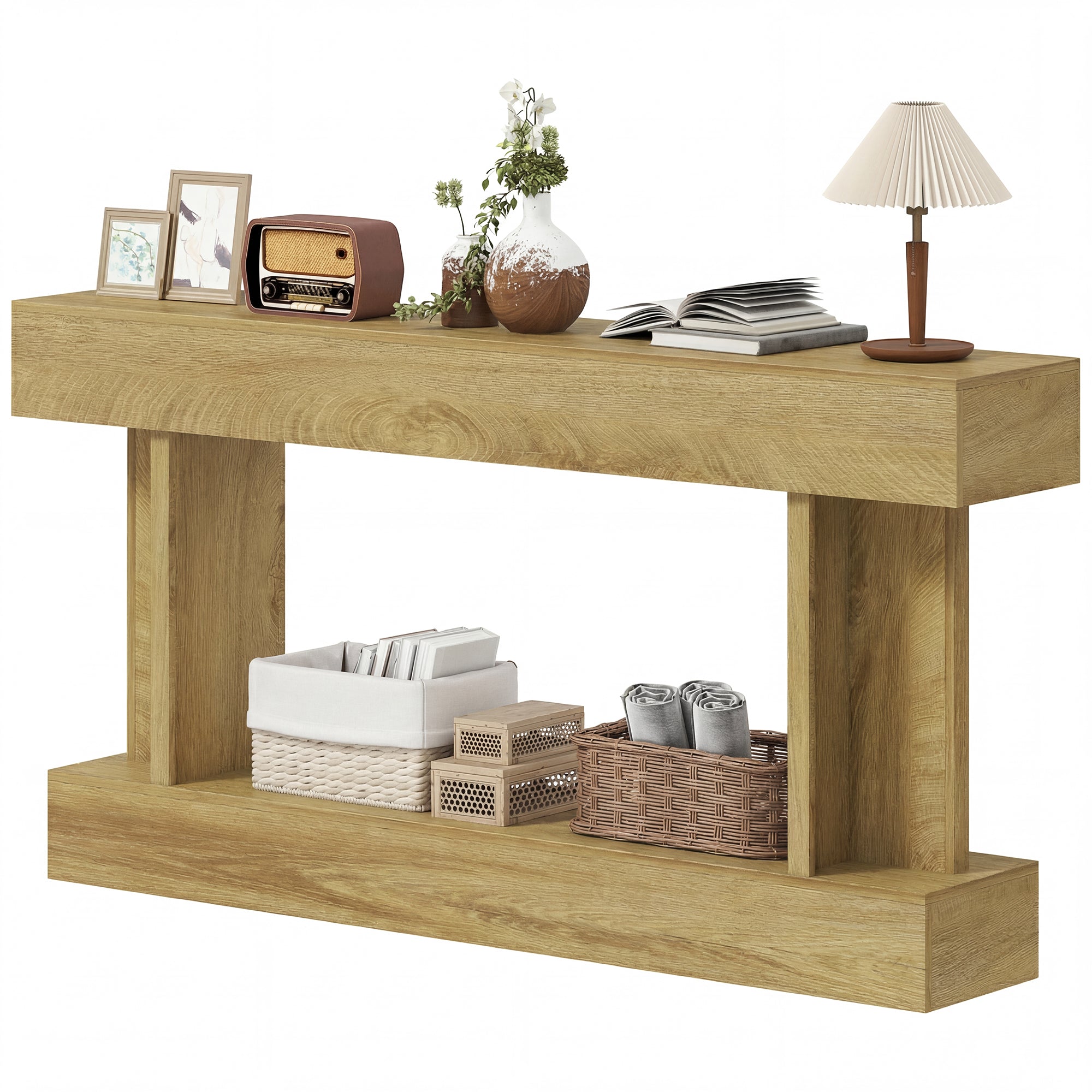 63 Inch Entryway Table, Vintage Narrow Console Tables For Entryway, Sofa Table Behind Couch with Storage Shelf for Living Room and Hallway, Oak