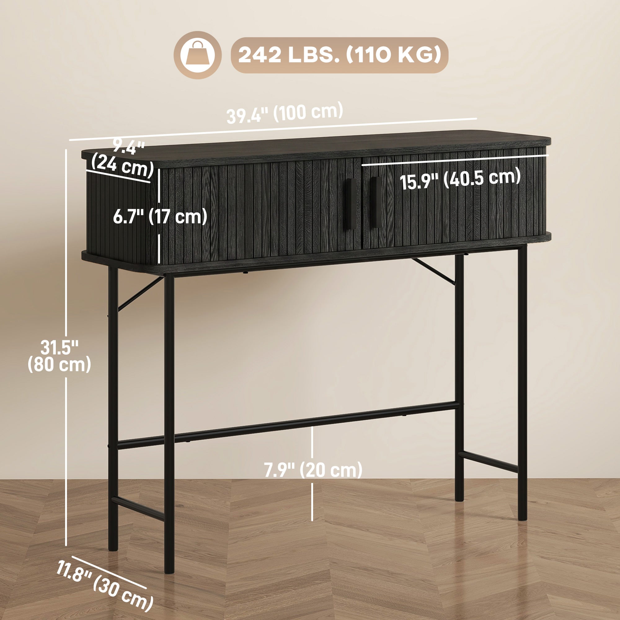 39" Narrow Console Table, Mid-Century Entryway Table with Storage Compartments and Slatted Tambour Swing Doors for Behind Couch, Living Room, Hallway, Black