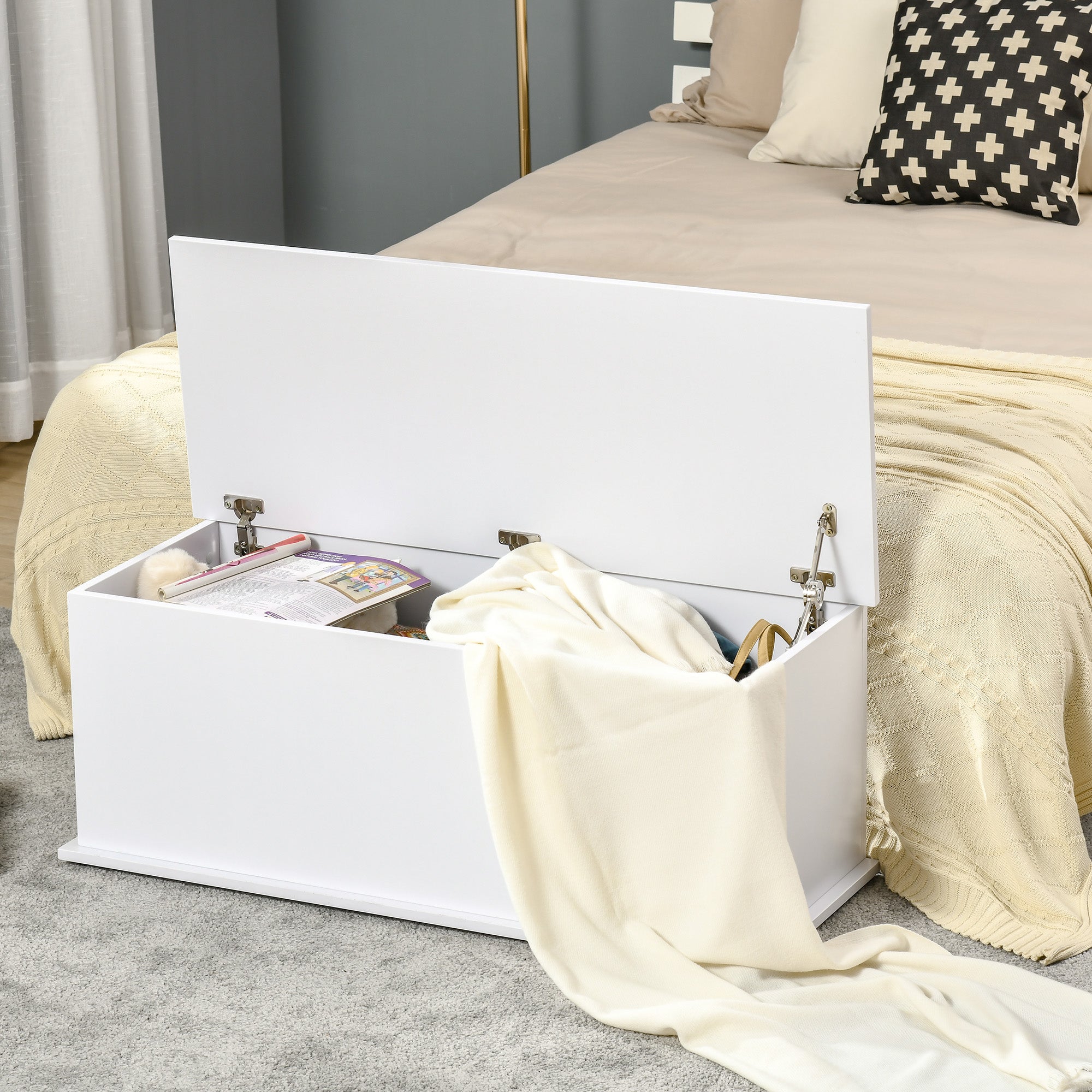 HOMCOM 39.5" Lift Top Storage Chest with 2 Safety Hinges, Storage Box Organizer with Flip-Top Lid, Entryway Storage Bench, White