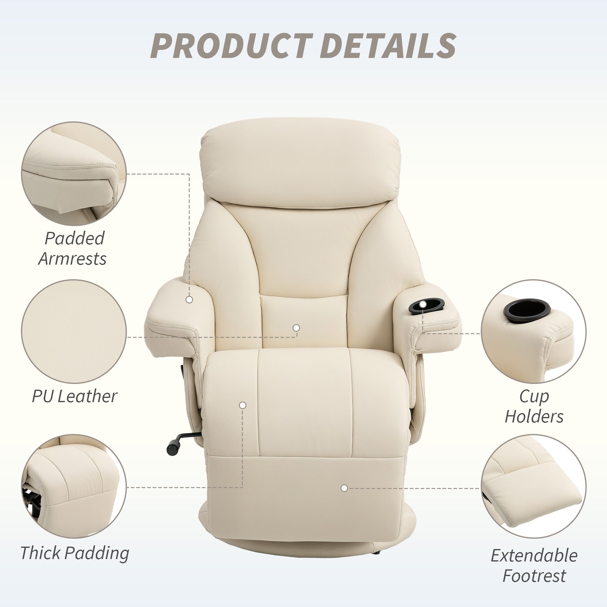 Manual Recliner Chair with Footrest, Upholstered Reclining Armchair with Adjustable Backrest and Cup Holder, PU Leather Swivel Chair for Living Room, Bedroom, Cream White