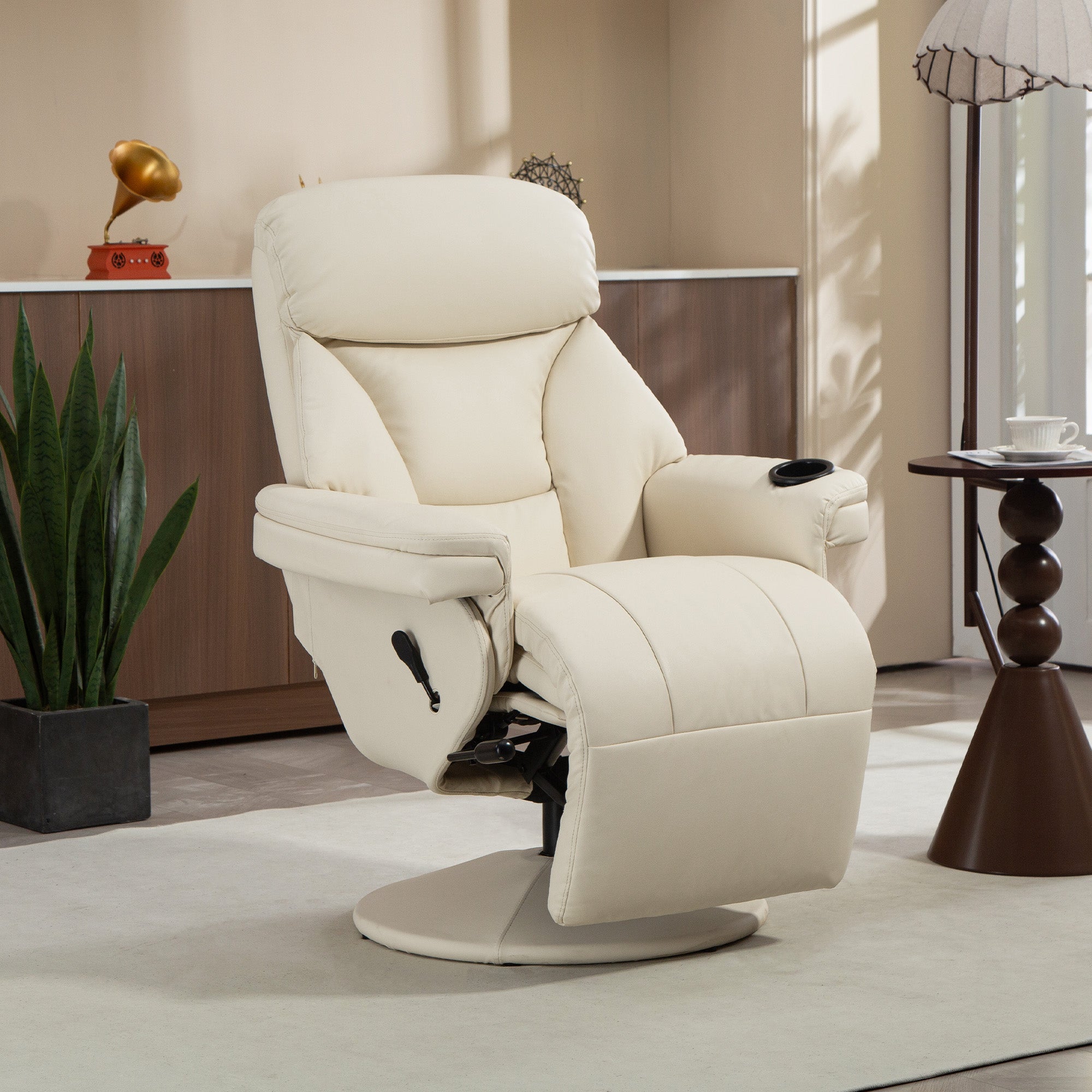 Manual Recliner Chair with Footrest, Upholstered Reclining Armchair with Adjustable Backrest and Cup Holder, PU Leather Swivel Chair for Living Room, Bedroom, Cream White