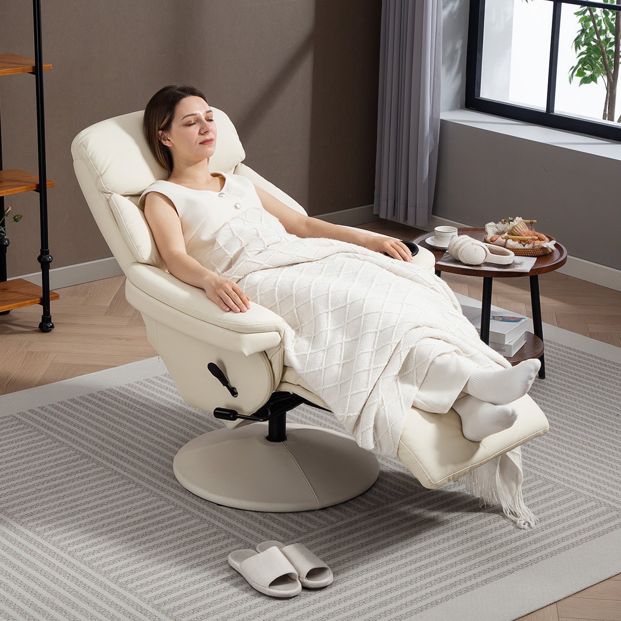 Manual Recliner Chair with Footrest, Upholstered Reclining Armchair with Adjustable Backrest and Cup Holder, PU Leather Swivel Chair for Living Room, Bedroom, Cream White