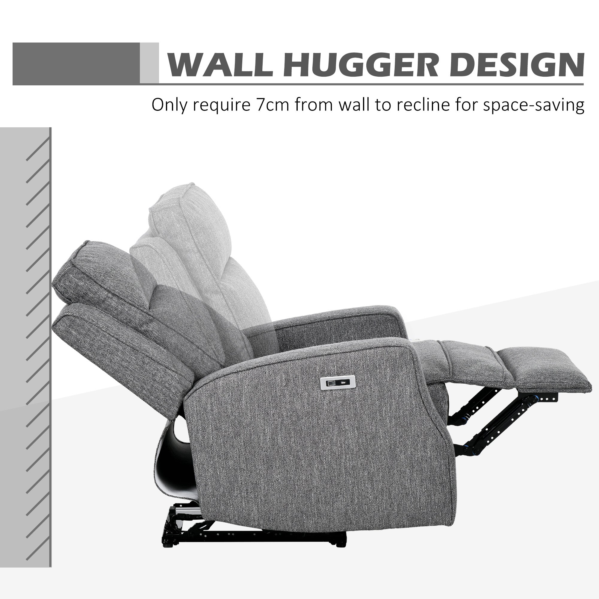 HOMCOM Electric Fabric Recliner Armchair, Reclining Chair with Adjustable Leg Rest, USB Port, for Limited Space Home Living Room, Charcoal Grey