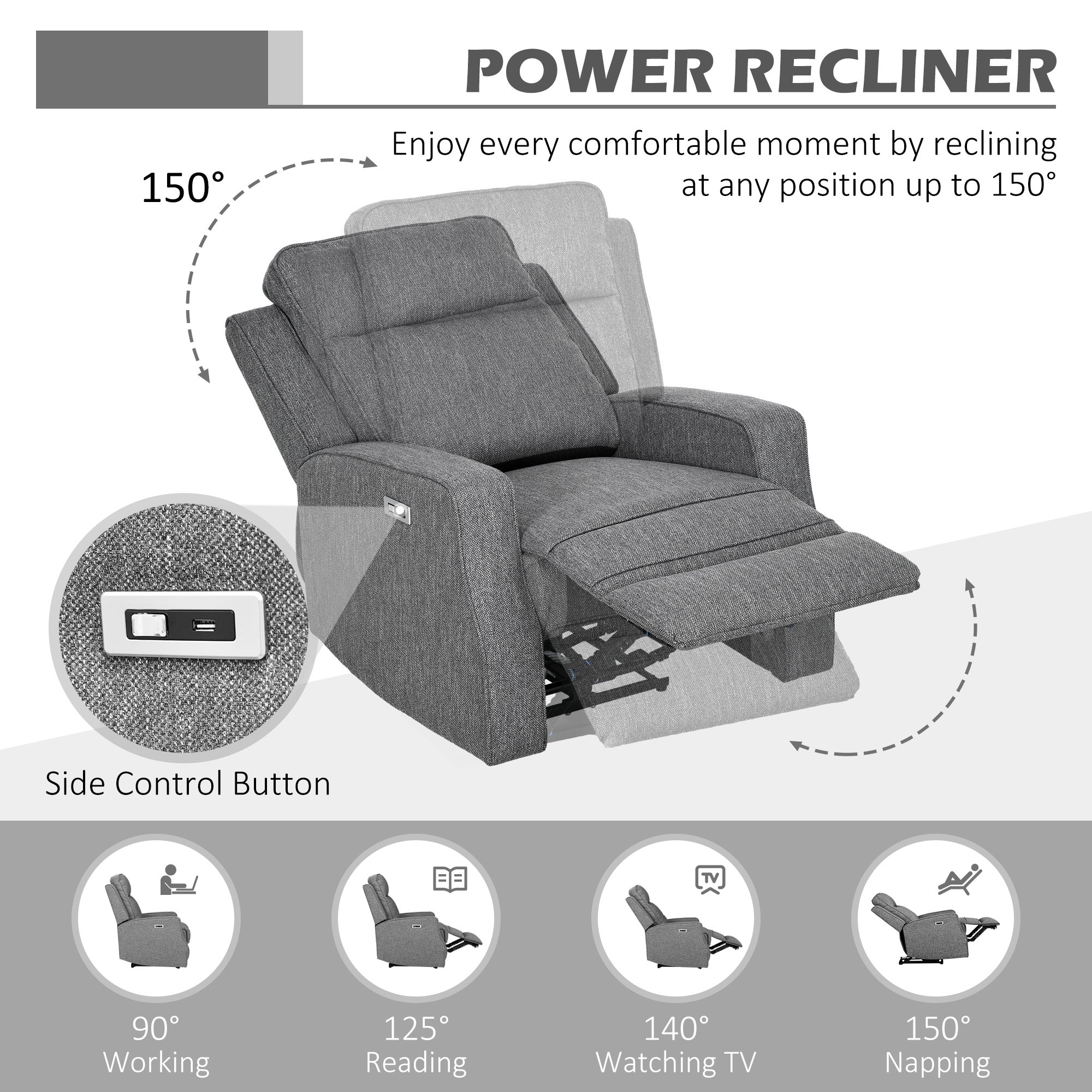 HOMCOM Electric Fabric Recliner Armchair, Reclining Chair with Adjustable Leg Rest, USB Port, for Limited Space Home Living Room, Charcoal Grey