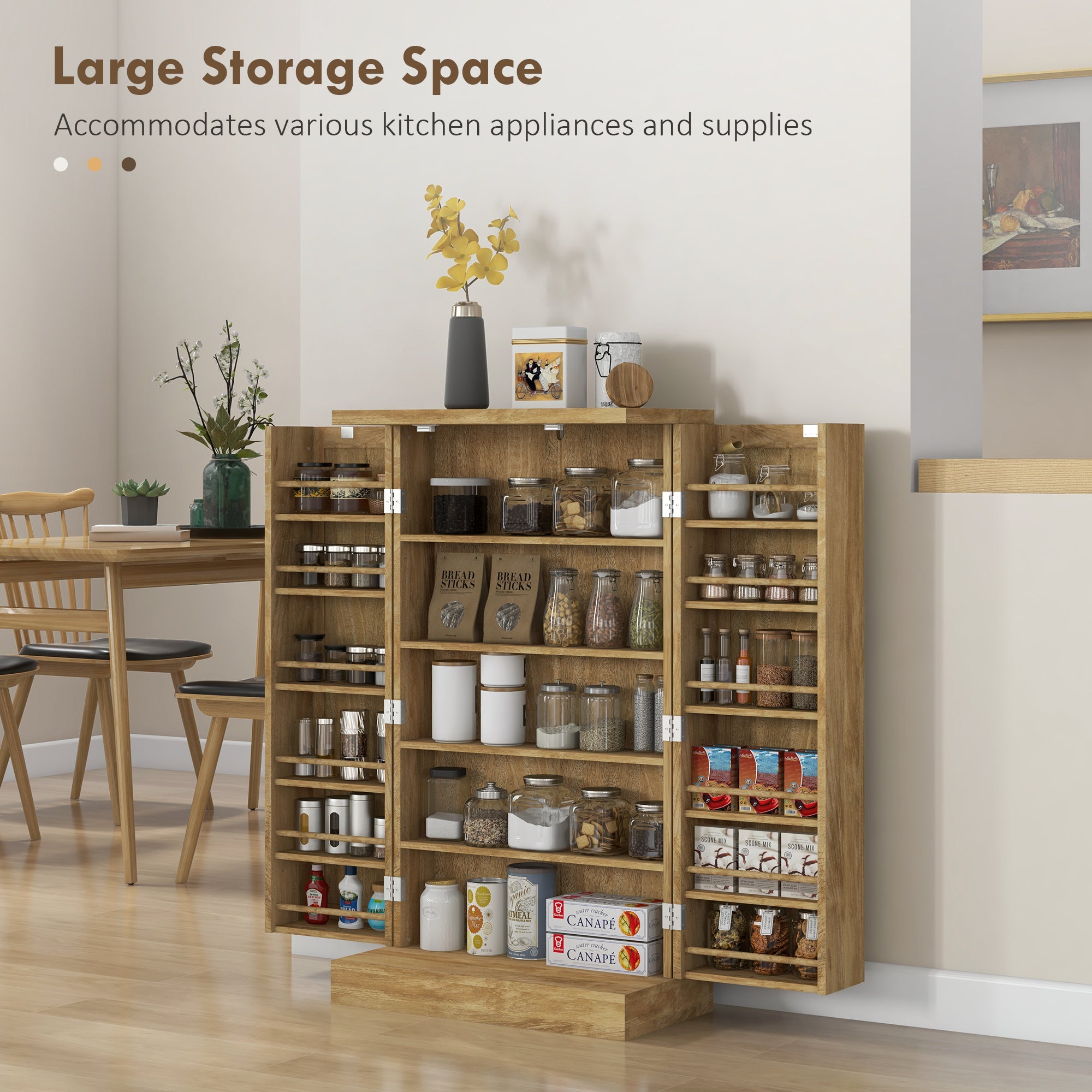 41" Rattan Kitchen Storage Cabinet with 5-Tier Shelf, 12 Spice Racks, Natural